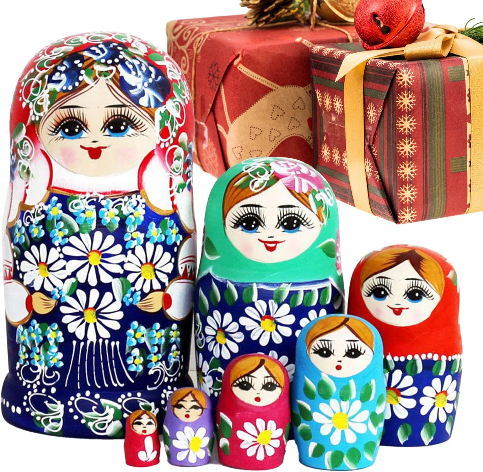 Wood Russian Nesting Dolls, Wood Daisy Pattern Table Decor - Educational Nesting Toys - for Kids Teens Adults Collectors Students Art Lovers Birthday Holiday Office Playroom