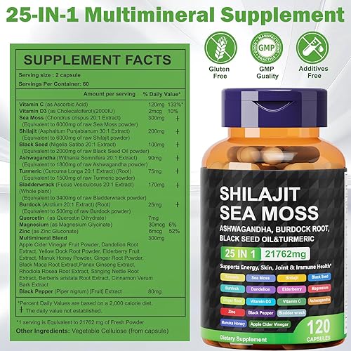 Miniatura 8 de Suplemento Shilajit 25 en 1 para energía e inmunidad, salud cerebral y apoyo a la digestión, musgo marino, ashwagandha, cúrcuma, semillas negras,