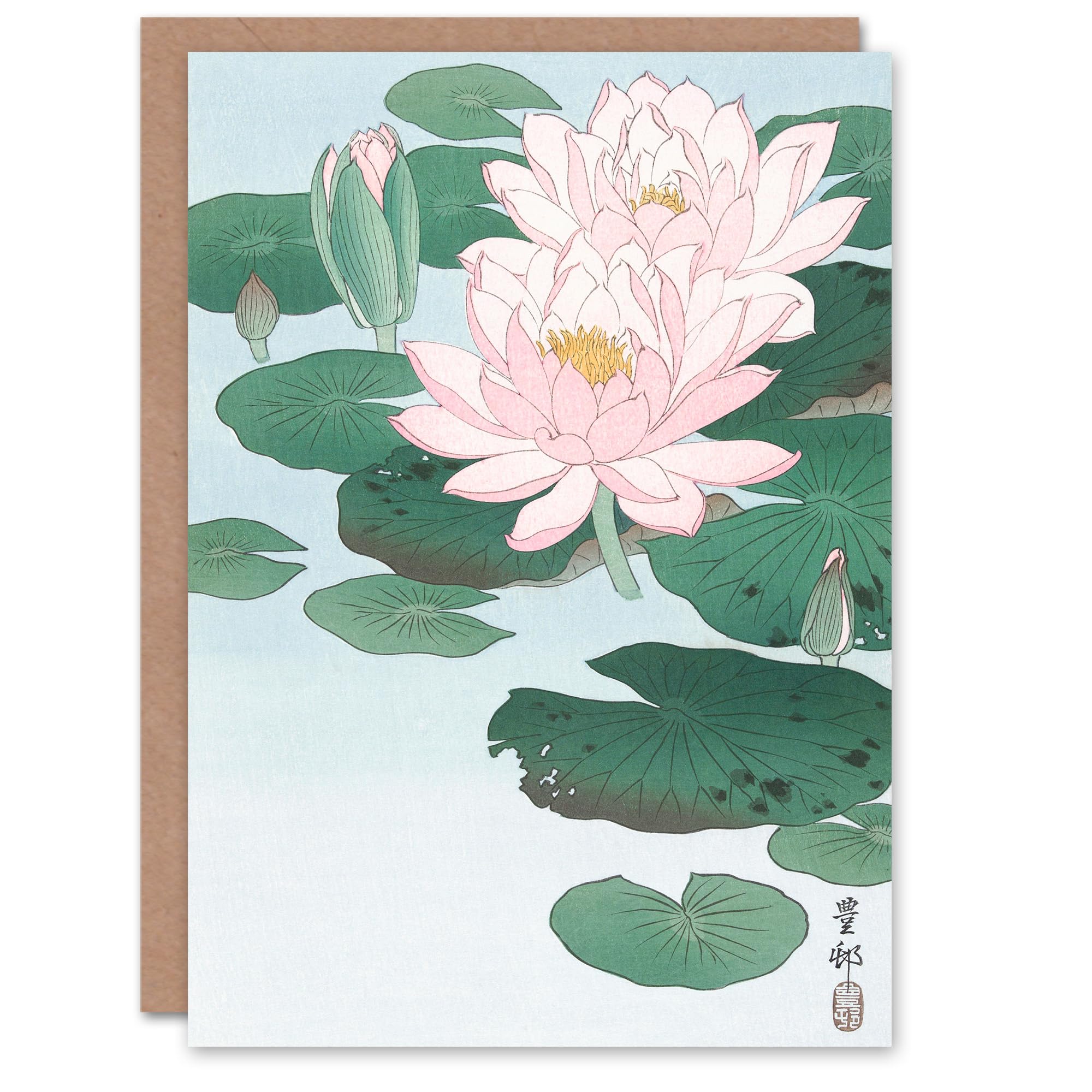 Artery8 Ohara Koson Japanese Art Card Water Lily Pads Pink Flower Bloom