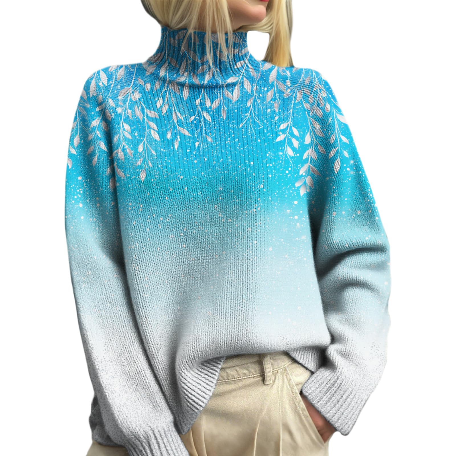 Womens Floral Turtleneck Sweaters Vintage Casual Fall Knit Jumper Tops Comfy High Neck Long Sleeve Pullover Sweater