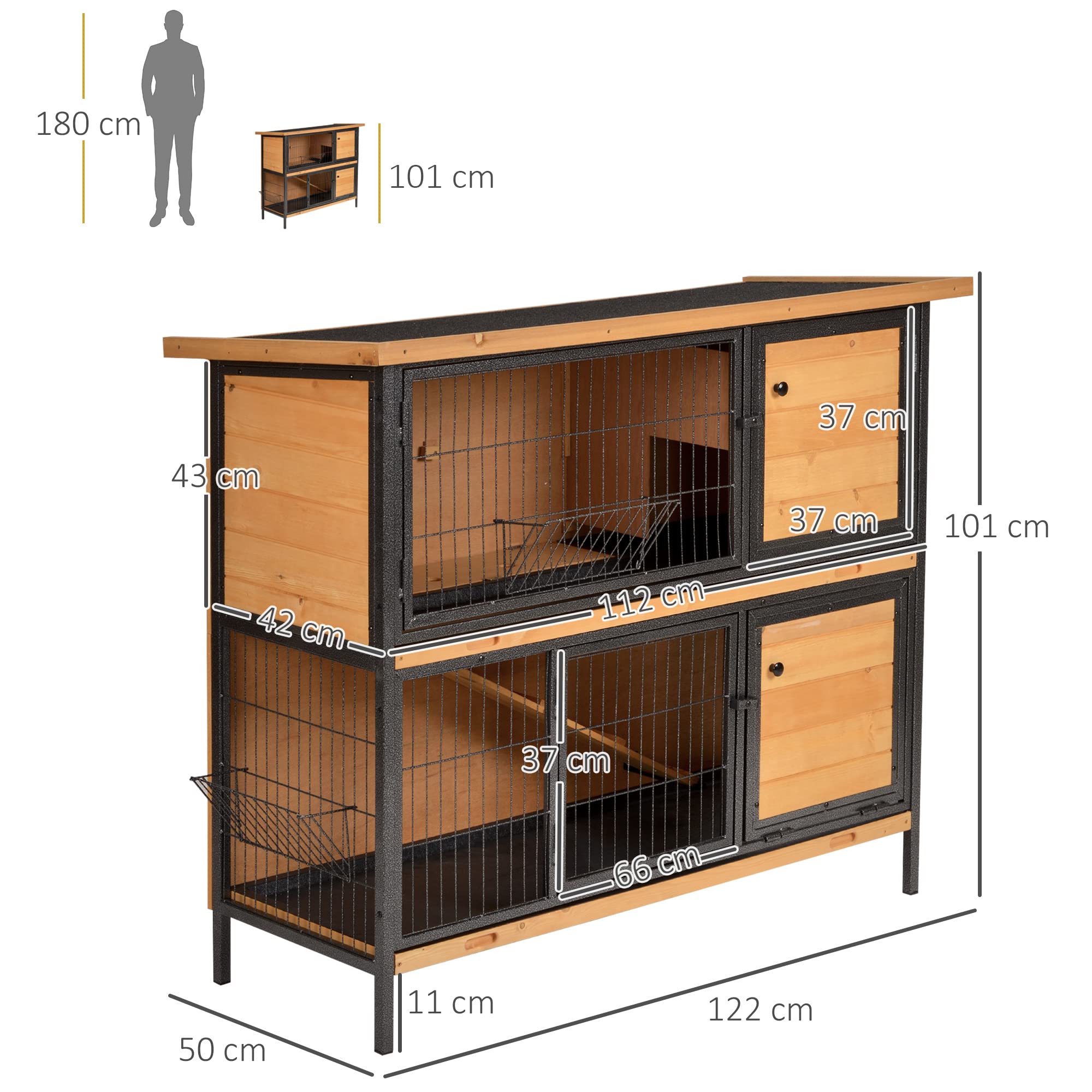 PawHut Konijnenhok op wielen, konijnenhok binnen en buiten, 2 etages, 2 afsluitbare deuren, 2 schuifplanken, helling, dennenhout, grijs/wit
