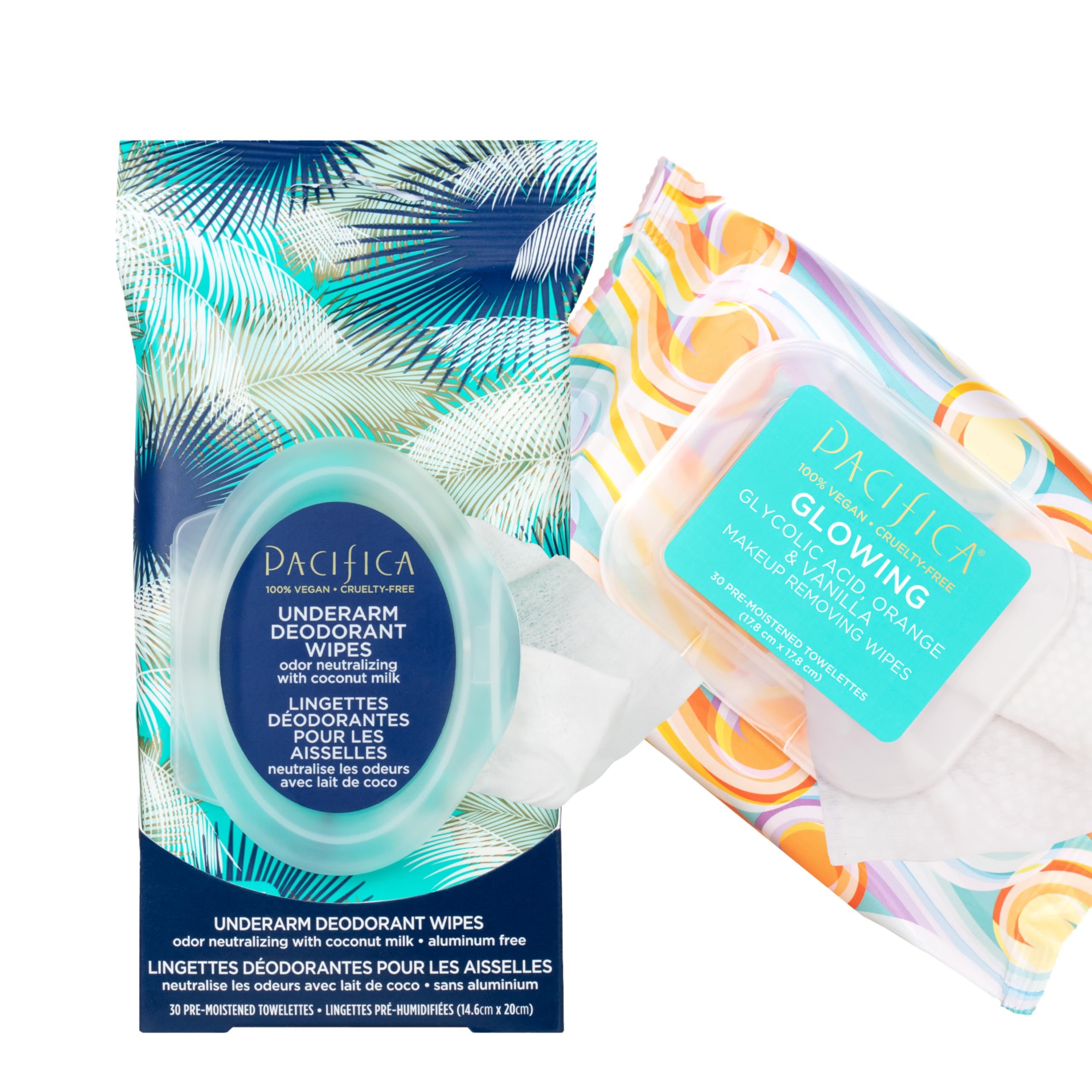 Pacifica Underarm Deodorant Wipes & Makeup Remover Face Wipes Bundle – Aluminum-Free Odor Control & Facial Cleansing Towelettes, 2-Pack (30ct Each, 60