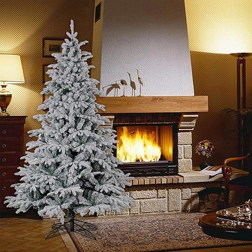 Miniatura 3 de GDLF Árbol de Navidad artificial flocado de nieve de 7 pies con bisagras de metal y base plegable PE y PVC mezclado 1080 puntas blanco árbol de