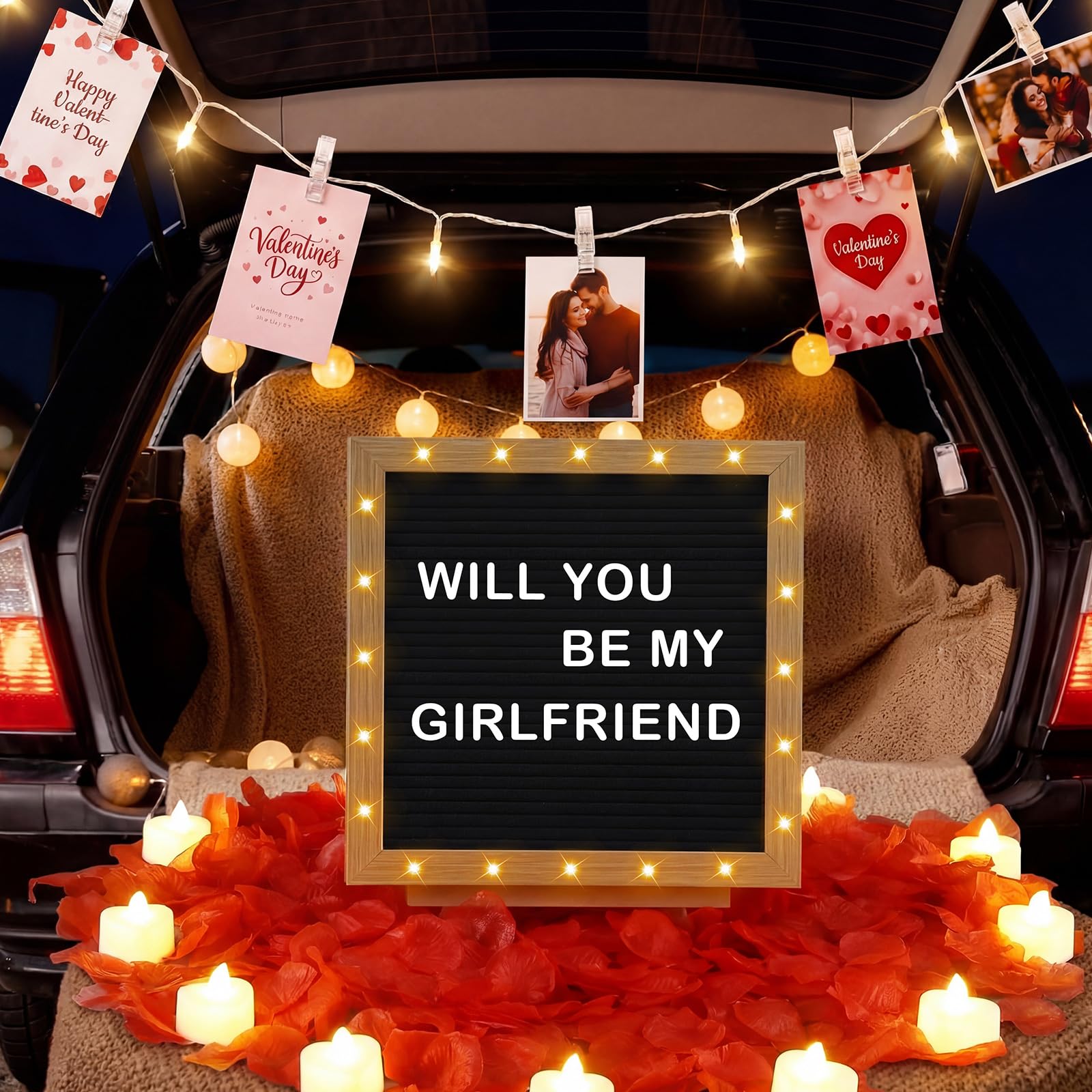 Ceenna Letrero romántico con texto en inglés "Will You Be My Girlfriend" con tablero de fieltro LED de 25,4 x 25,4 cm, letrero de madera de fieltro para fotos, cadena de luces, pétalos de rosa