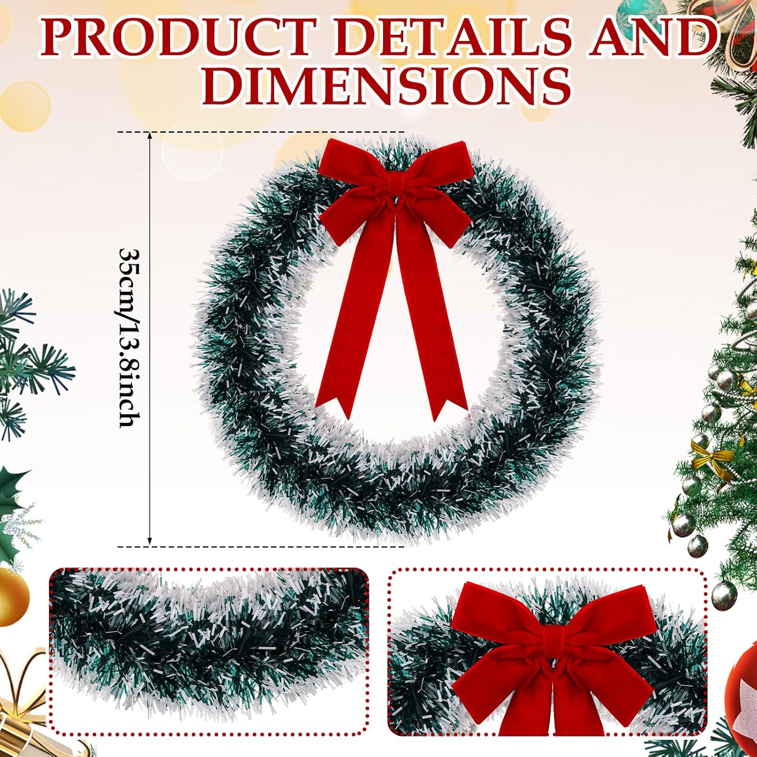 4 Pcs Christmas Wreath for Lamp Post Light Decoration with Red Bow 13.8 Inch Xmas Artificial Wreath for Christmas Holiday Outdoor Patio Garden Lawn Decoration