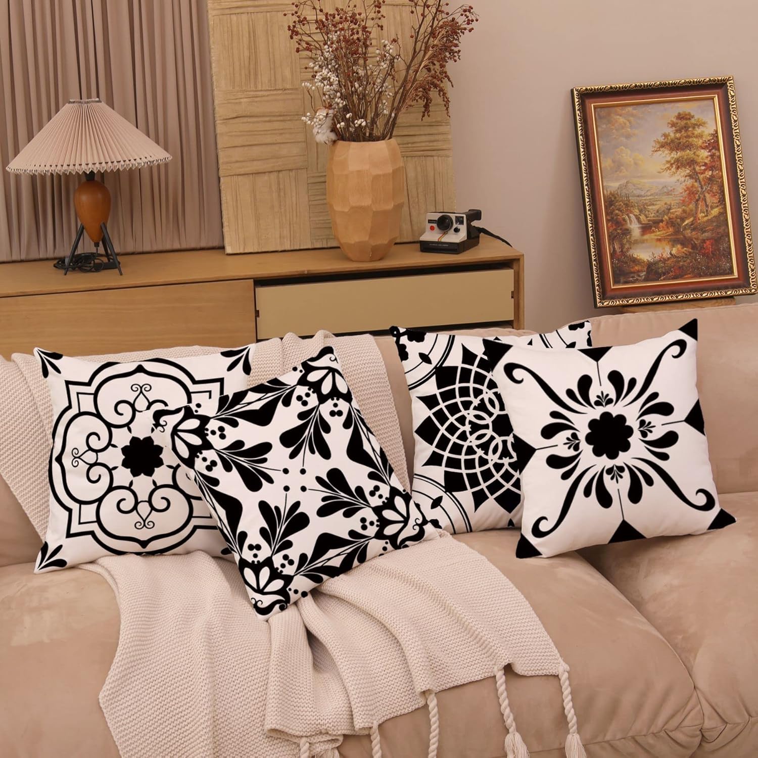Geometric Black Flower Decorative Throw Pillow Covers 22 x 22 Inch, Set of 4 Abstract Black Flower Cushion Cover Square Pillow Cases for Couch Patio Sofa Home Decor
