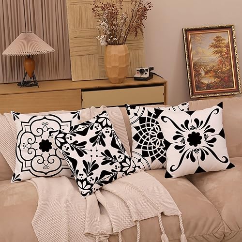Miniatura 6 de GUHOO Juego de 4 fundas de almohada decorativas con diseño geométrico de flores negras de 16 x 16 pulgadas, fundas cuadradas para sofá, patio, sofá,