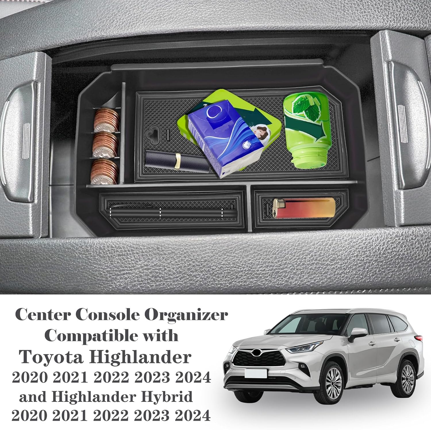 ABS Armrest Center Console Organizer Compatible with Toyota Highlander 2020-2024 Accessories Embedded Storage Armrest Box Fit for Highlander Hybrid 2020-2024 (Black