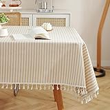 meioro Striped Tablecloth Rectangle Tablecloths Cotton Blend Table Cloth Washable Tabletop Decorative Fabric Table Cover for Kitchen Dinning (Beige, 60 x 120 Inch) Beige 120' x 60' (Rectangular)