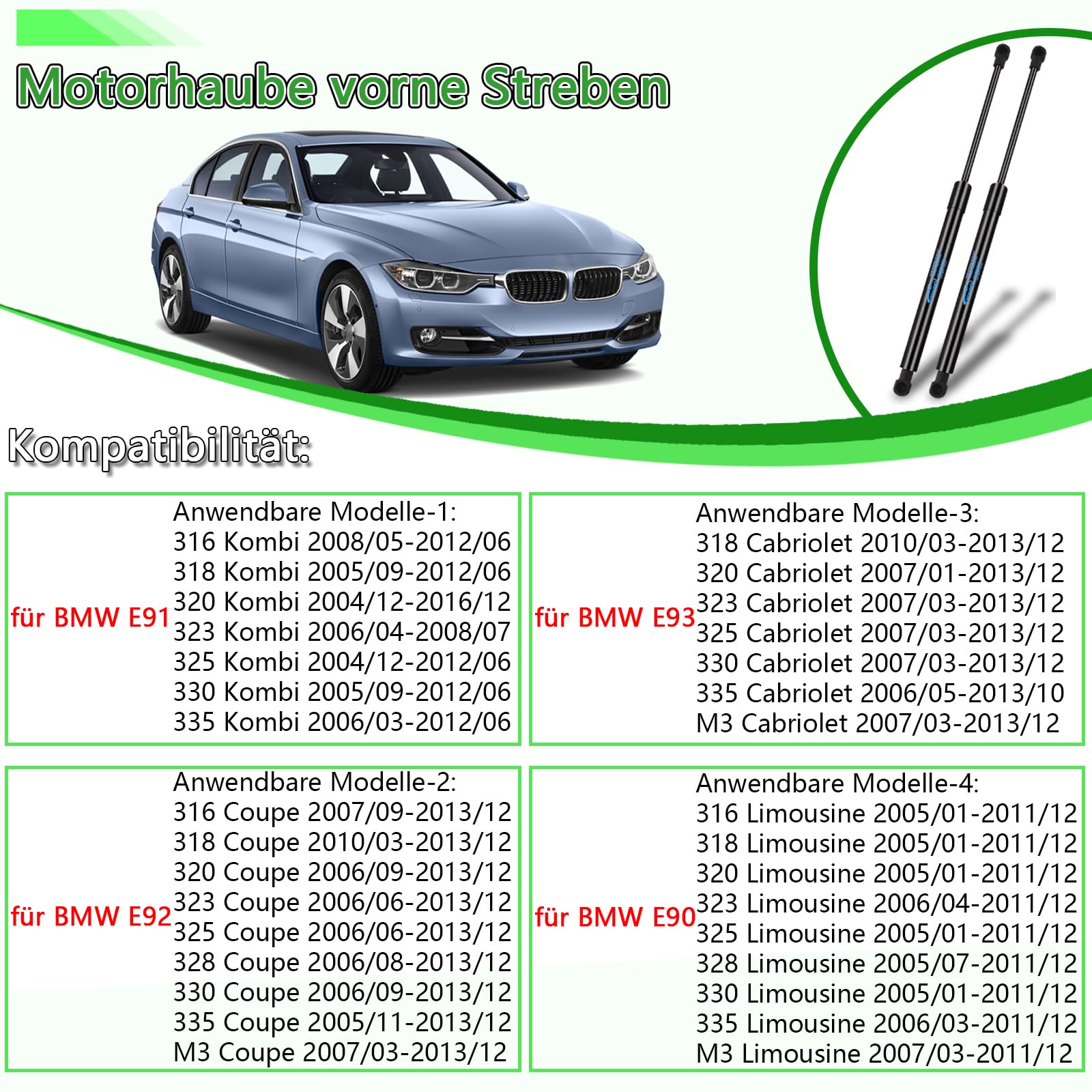 2x Ammortizzatore Pneumatico per BMW 3er E90 316 318 320 323 325 Cabriolet 2004-2011, per 3er Touring E91 316 318 320 323 325 Kombi 2004-2016 Ammortizzatori Cofano Motore Sostituire#51237060550