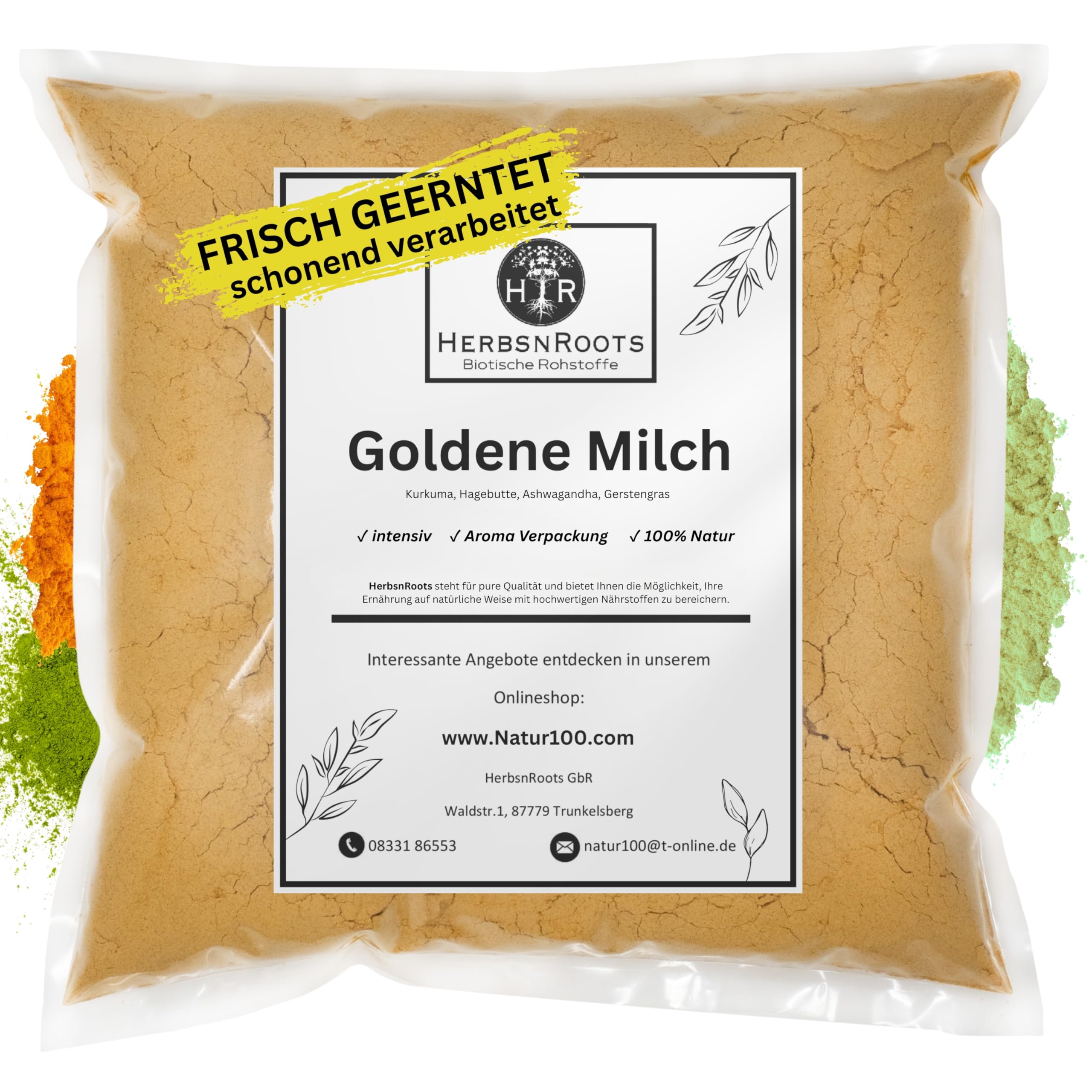 Goldene Milch Pulver 550g • Kurkuma Latte • Ayurveda Golden Milk Pulver mit Kurkuma, Ashwagandha, Hagebutte, Gerstengras • Erste Wahl • Naturprodukt • Ohne Zusätze • HerbsnRoots
