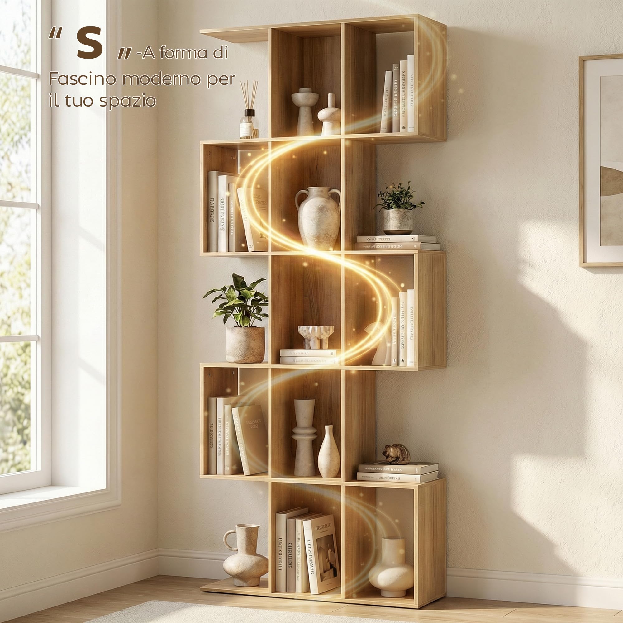 HOMCOM Libreria Scaffale a 5 Ripiani in Legno a Forma di S, Libreria Verticale Salvaspazio con 15 Compartimenti, Scaffale Portaoggetti per Soggiorno, Camera da Letto e Ufficio, Rovere