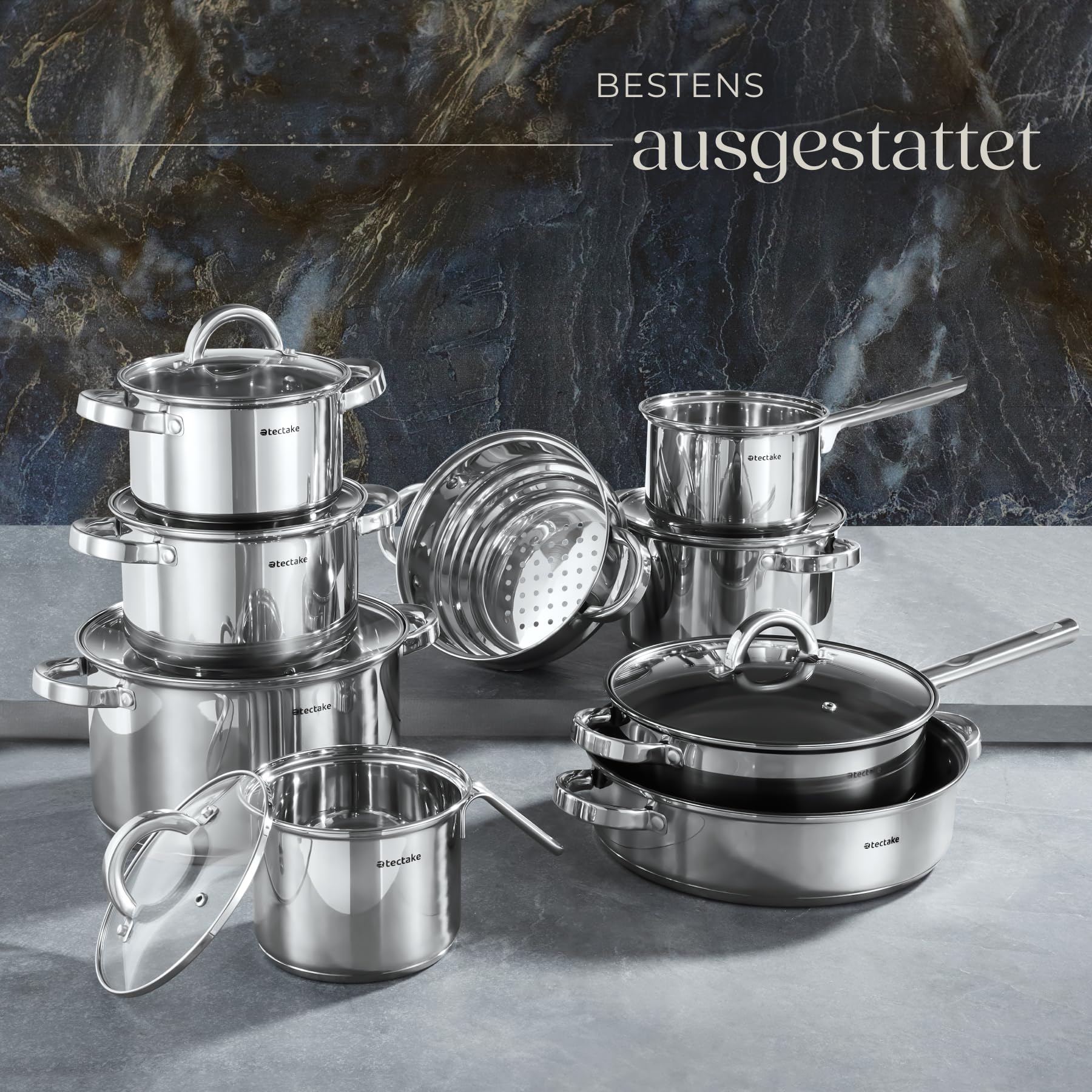 tectake® 15-tlg. Topfset, Edelstahl Kochgeschirr, Bratpfanne und Töpfe Set mit Deckel, Kochtopf Set für Induktionskochfeld, Gas- und Elektroherd geeignet, Topfsets für Camping und Wohnung, Küchensets