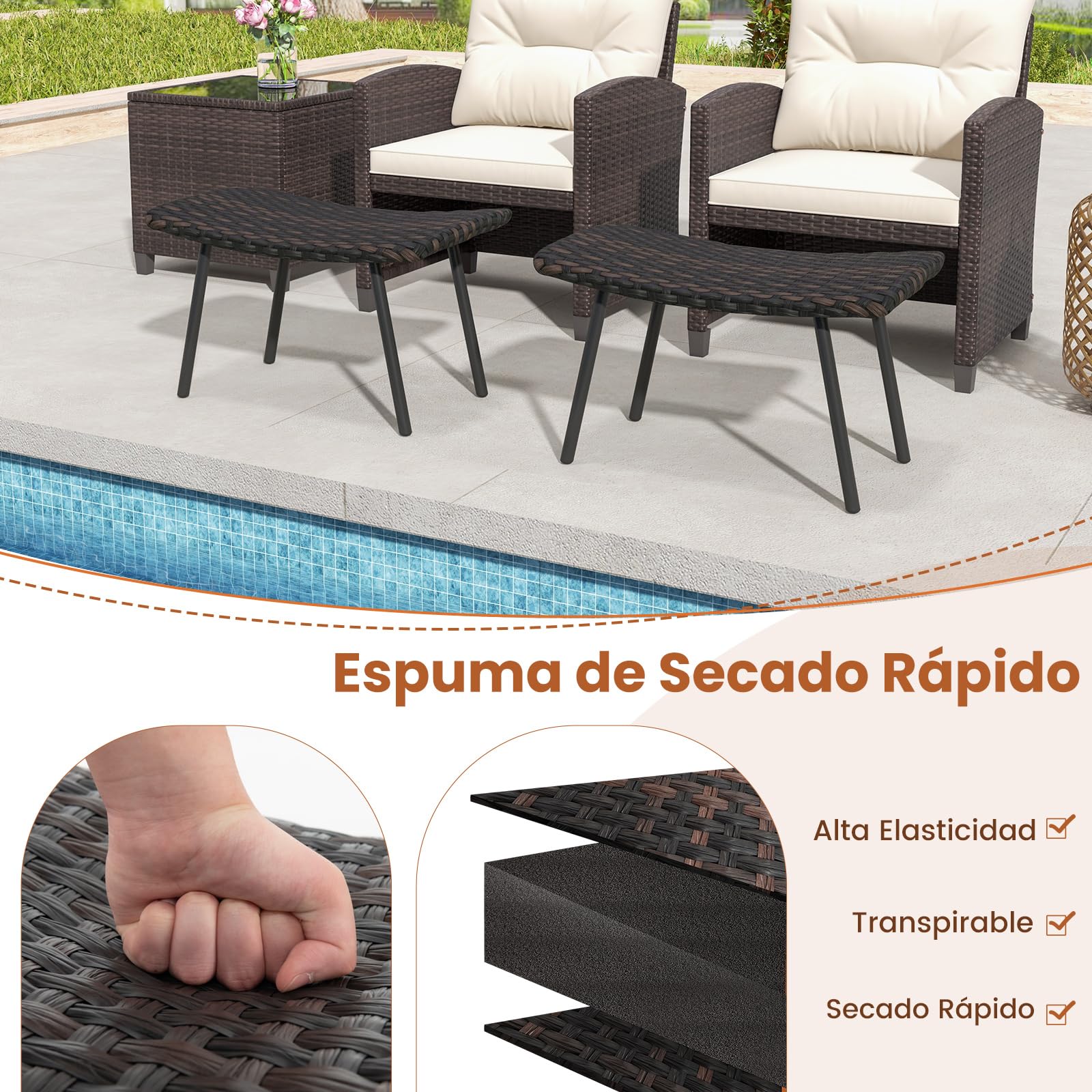 COSTWAY 2 Otomanas Ratán de Patio, Taburetes con Espuma Acolchada, Patas de Metal Resistentes, Reposapiés de Mimbre Exteriores Piscina Patio Trasero, Marrón