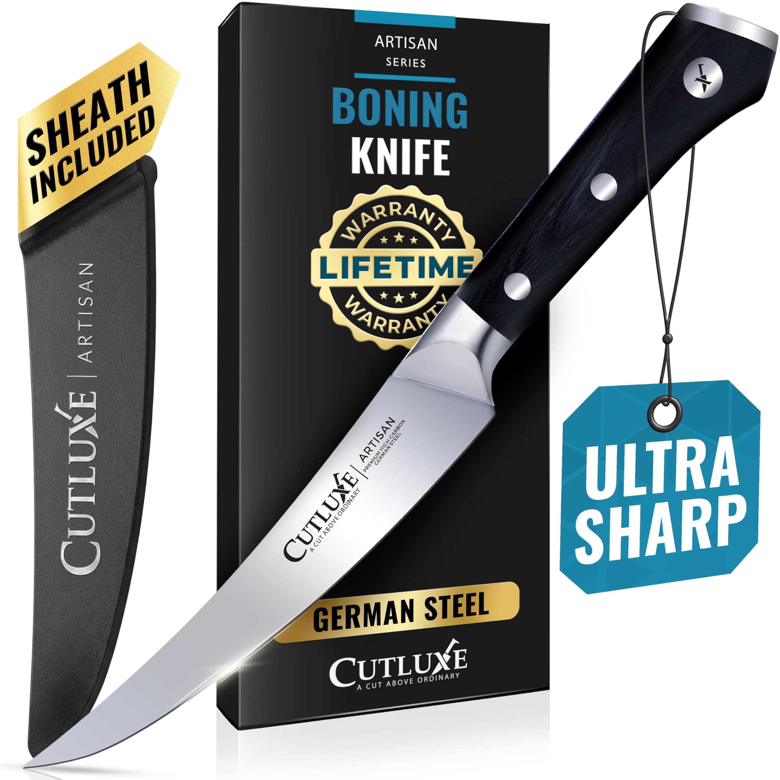 Cutluxe Curved Boning Knife – 6" Boning Knife for Meat Cutting, Filleting – High Carbon German Steel, Full Tang & Ergonomic Handle Design – Artisan Series