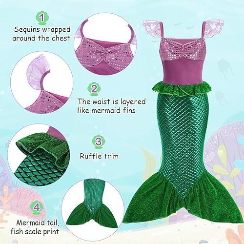 Miniatura 5 de Eledobby Ariel Costume for Girls Little Mermaid Dress Halloween Outfit Princess Mermaids Dress Up Birthday Party Clothes
