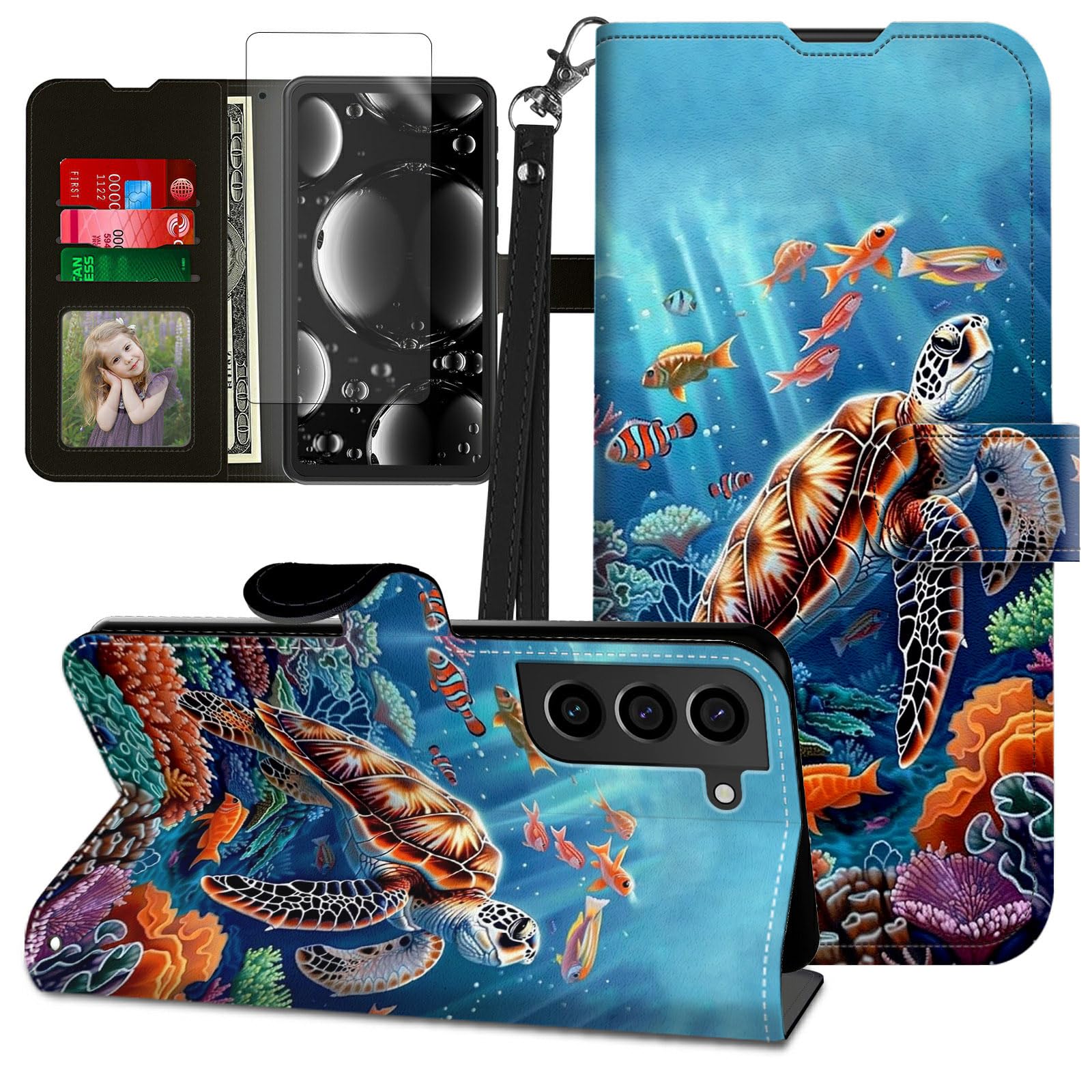 BREIDMKFM for Galaxy S21 FE 5G Case,for Samsung Galaxy S21 FE Case with Screen Protector & Kickstand & Card Holder & Wrist Strap Flip Folio Leather