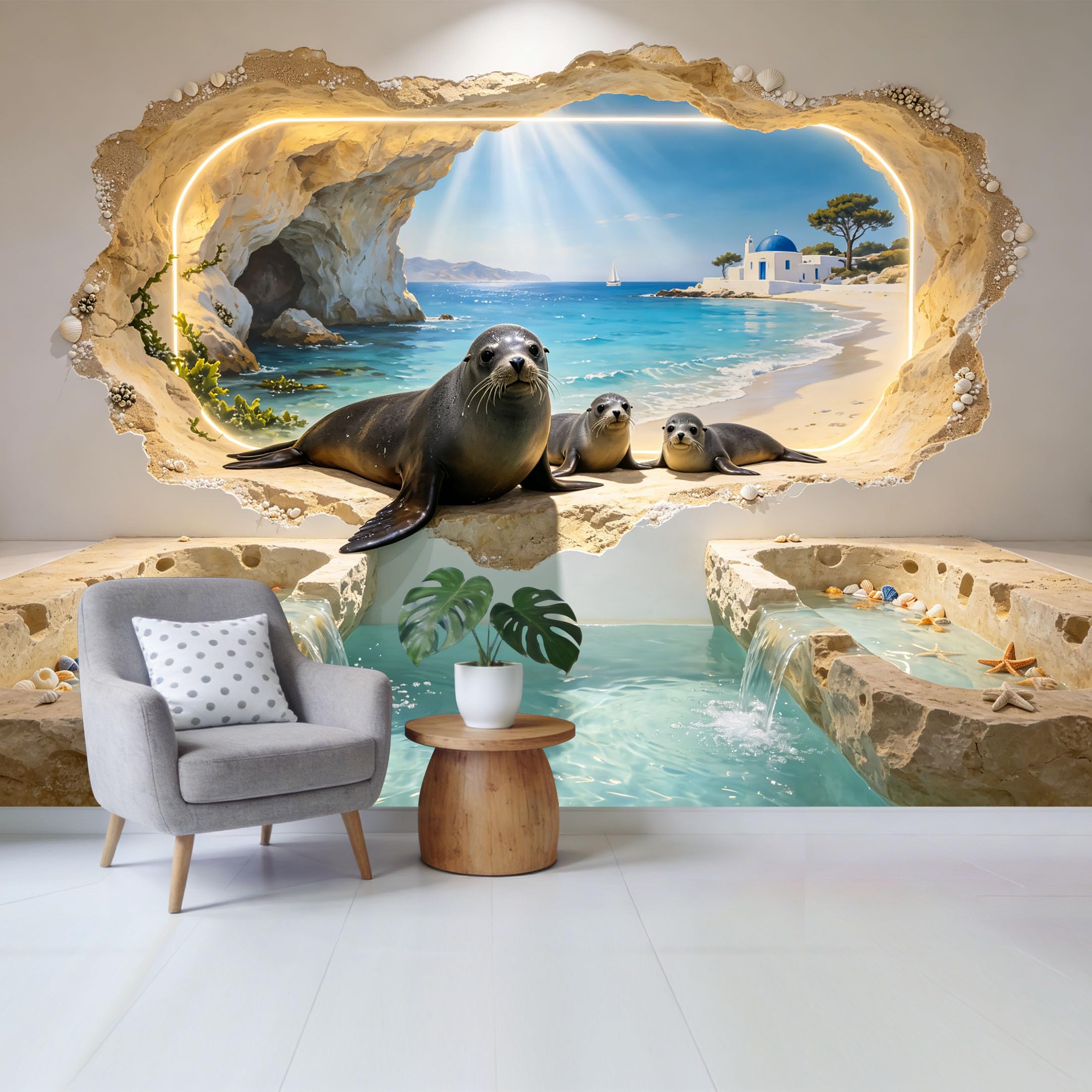 Custom Size Wall Mural Coastal Mediterranean Sea Cave Seal Family 3D Trompe l’oeil Ocean View Removable Self Adhesive Fabric Home Wall Decor for Living Room Bedroom Bathroom