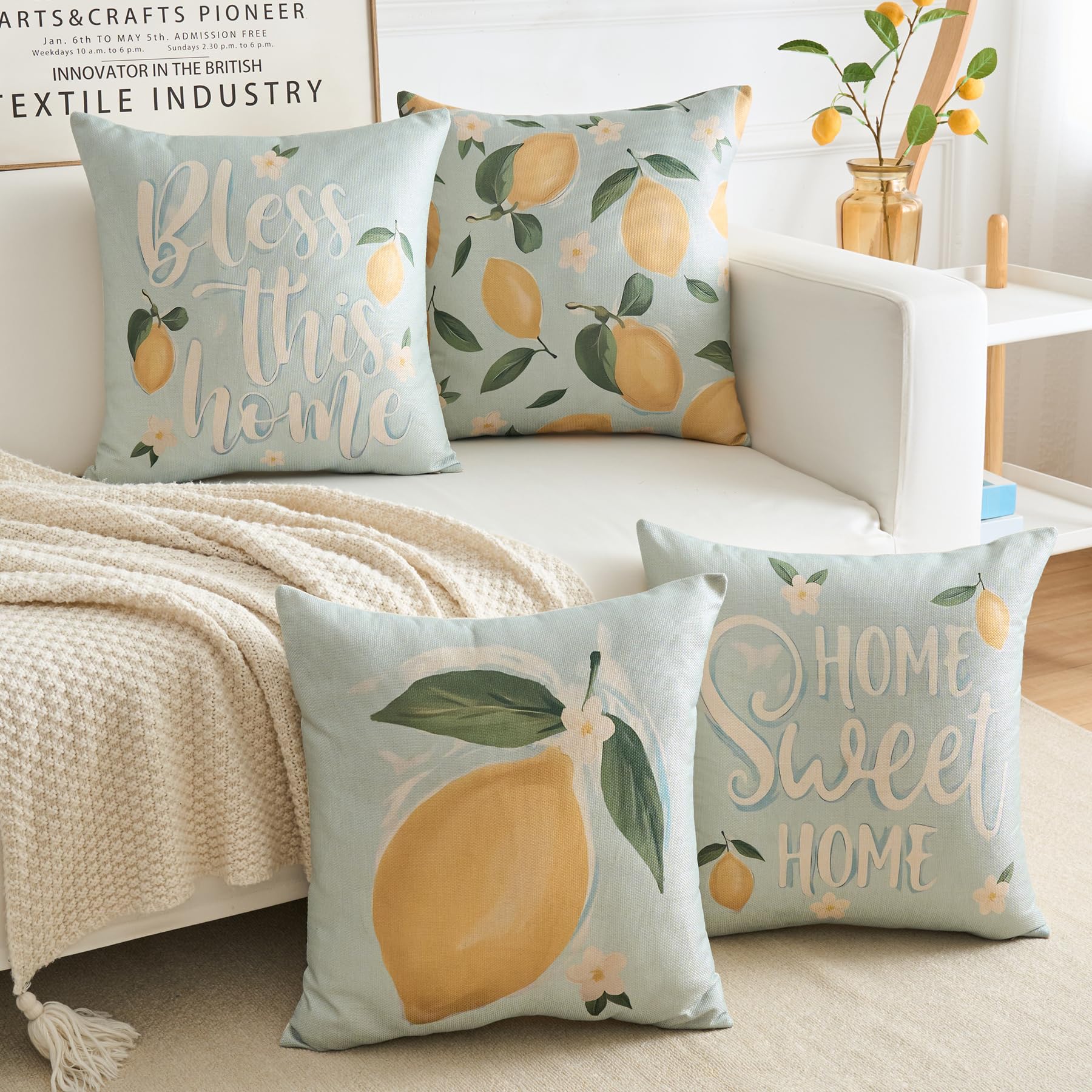 Housse de coussin 40x40 bohème bleue et jaune citron pour décoration chic