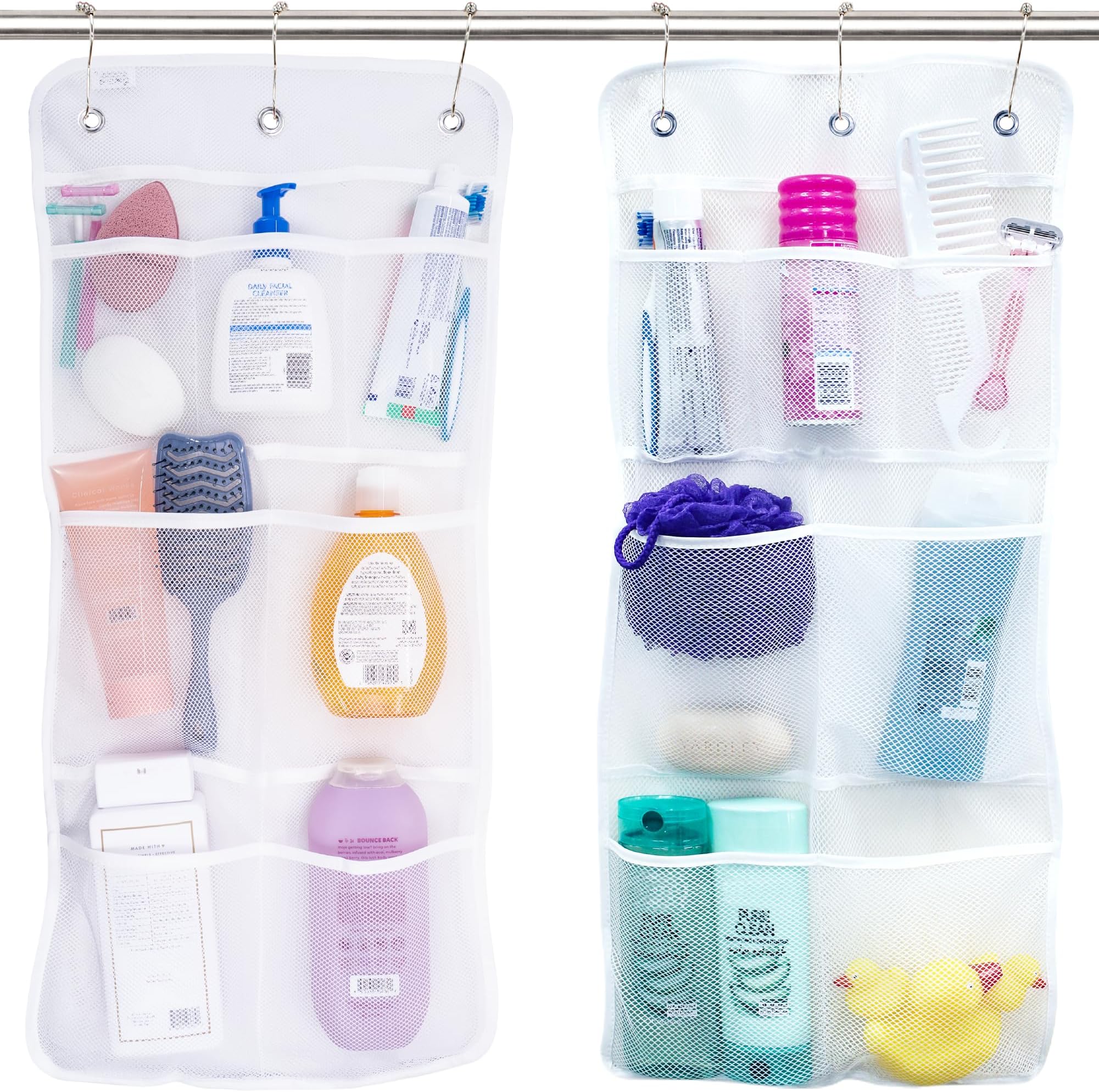 - S&T INC. Shower Organizer, Shower Caddy or Bathroom Organizer with Quick Drying Mesh, 7 Pockets to Hold Shampoo, Soap, Loofah, and Cruise Ship Essentials, 14 Inch by 30 Inch, White, 2 Pack