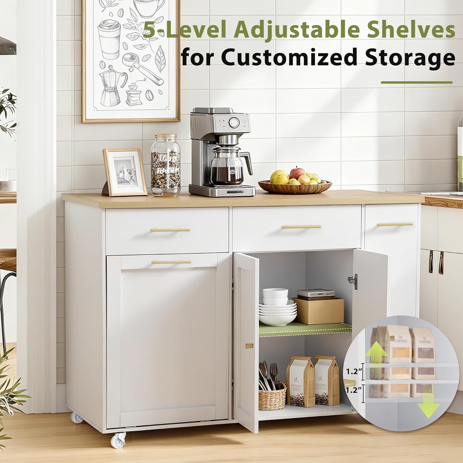 MAGIC UNION 52" Kitchen Island with Hidden Trash Can Storage, Moveable Portable Island Table for Kitchen, Rolling Kitchen Islands Cart w/Pull-Out Shelves, Drawers, Adjustable Shelf