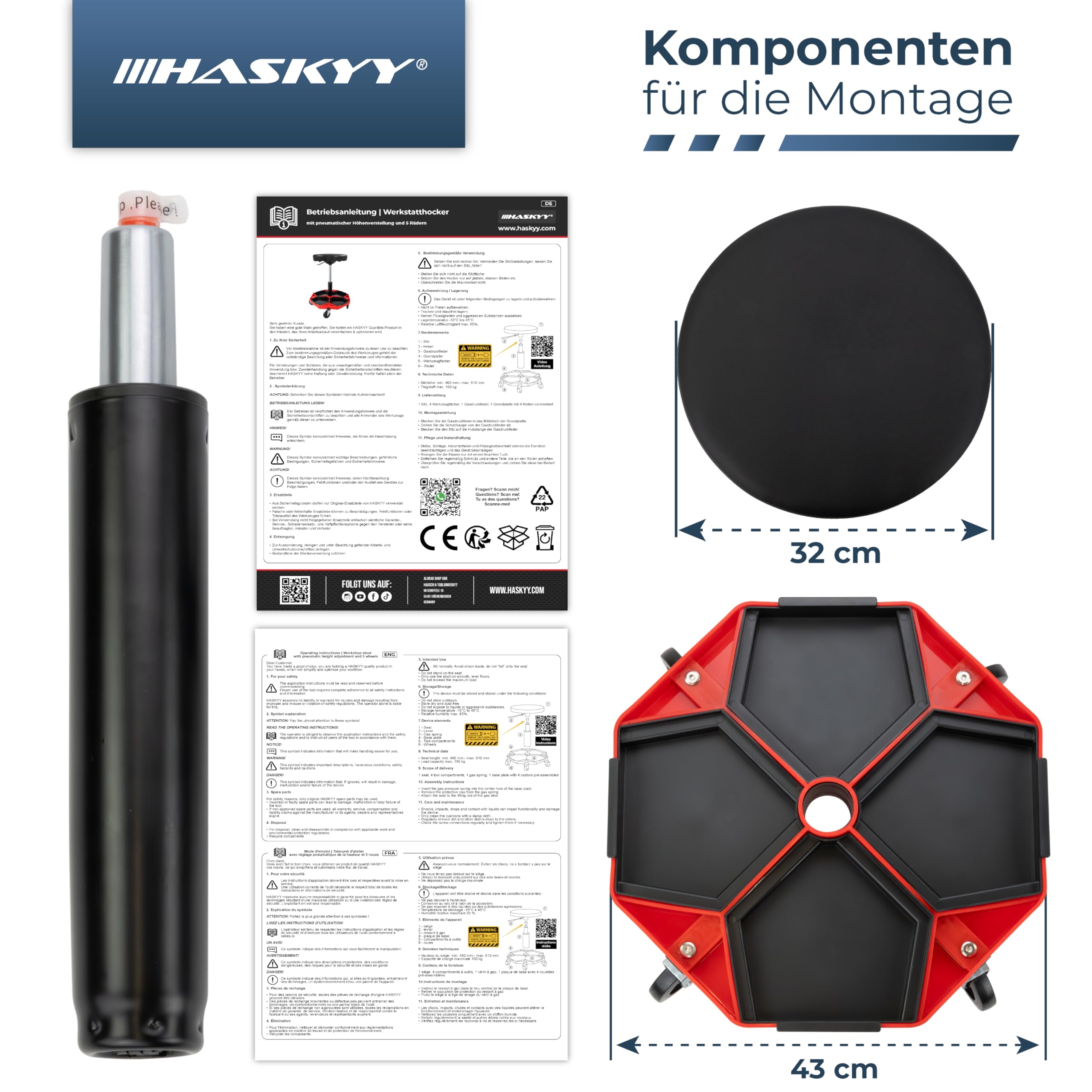 HASKYY Werkstatthocker Arbeitshocker Praxishocker 43-58cm - Bis 150kg belastbar - Gepolsterter Werkstattsitz mit 360° Rollen & Ablagefächern Schwarz/Rot
