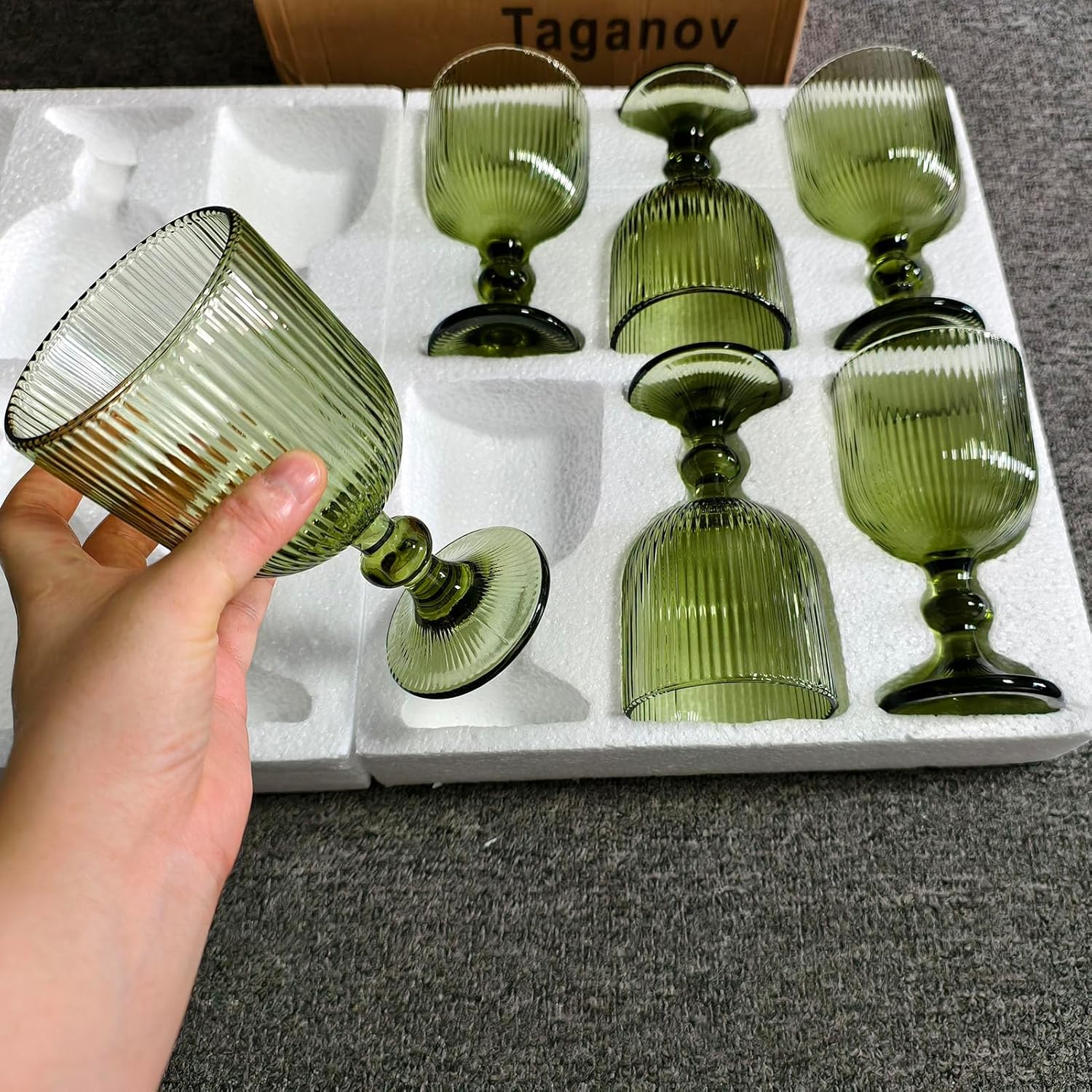 Green Drinking Glasses set of 6 Big Wine Goblets Vintage Colored Glassware 13 oz for Wedding Party Bar Vertical Line Embossed Pattern Stemmed Cups 400ml - Image 8