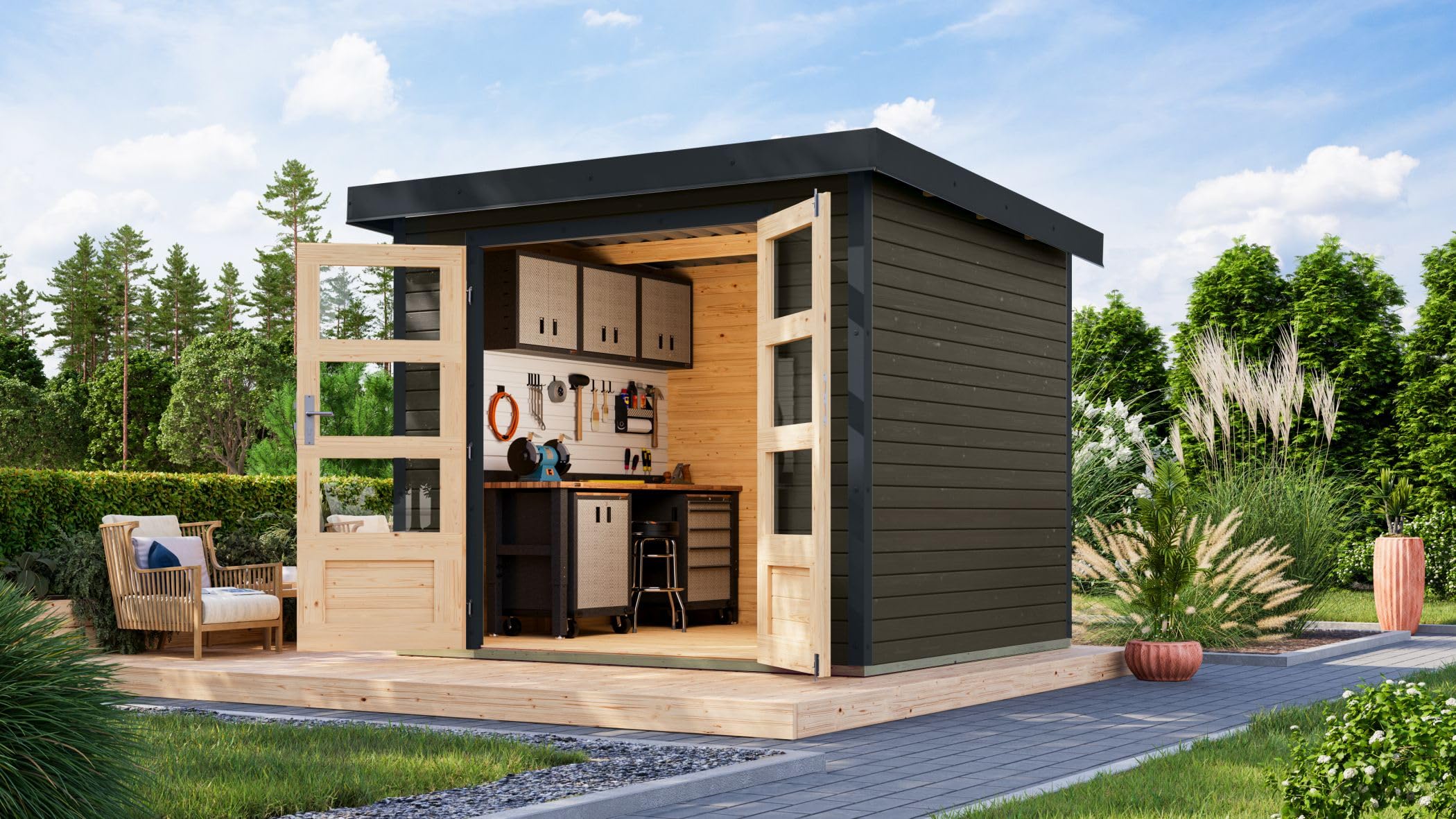 Karibu Gartenhaus Hollywood aus Metall + Holz, in 2 Größen und 3 Farben, optional mit Anbaudach (anthrazit, XL)