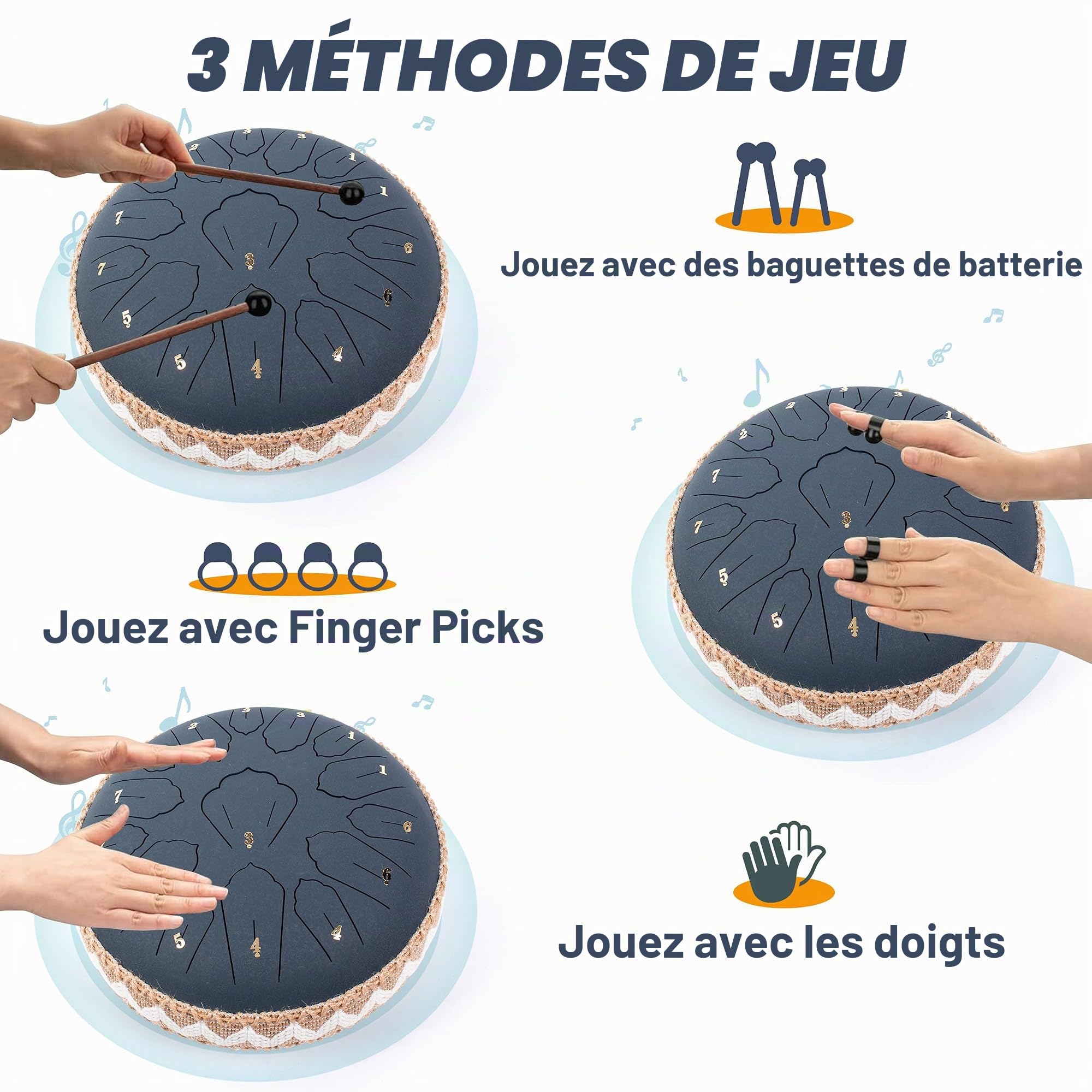 Handpan, Steel Drum, Hand Pan Drum, Bleu Marine | Steel Tongue Drum 15 Notes 12 Pouces 30cm C Majeur, Tambour à Langue en Acier Méditation et Yoga, Rain Drum Tambour a Pluie