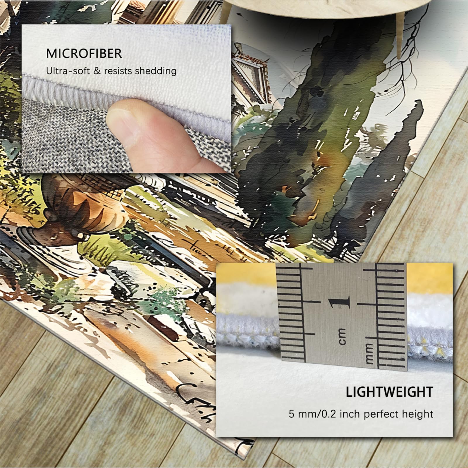 Tapis de Style campagnard 60x90cm - Thème Aquarelle Wilderness Rétro Bâtiment Forêt Paysage Antidérapant Tapis Mince à Poils Ras pour l’entrée