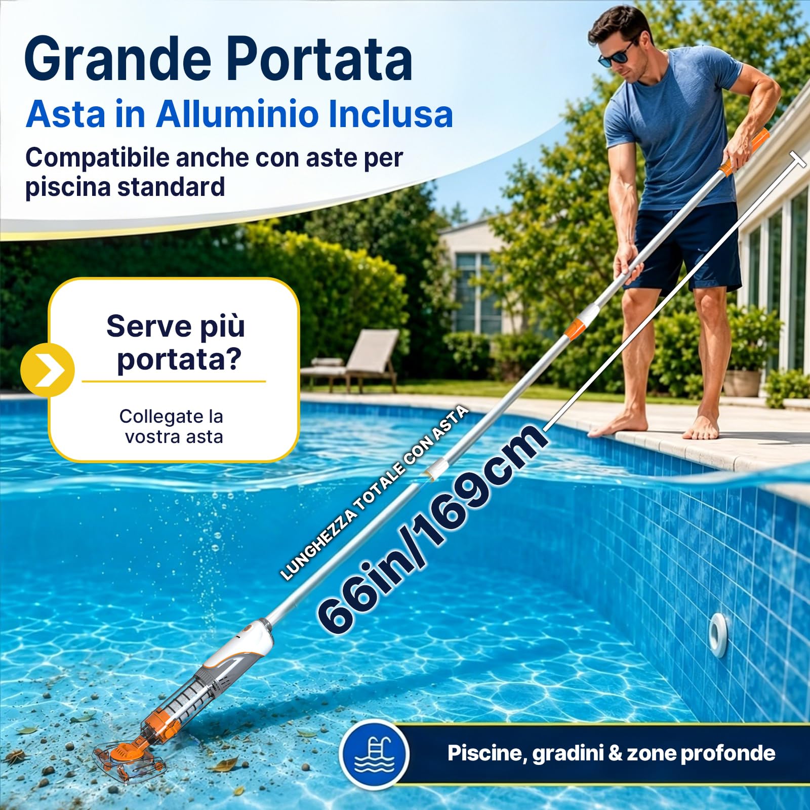 Aspirapolvere Piscina a Batteria, Aspiratore Piscina Senza Fili | Doppia Filtrazione Aspirapiscina, Aspiratore per Spa, Piccole Piscine, Vasche Idromassaggio, Autonomia 60 Minuti, Arancione