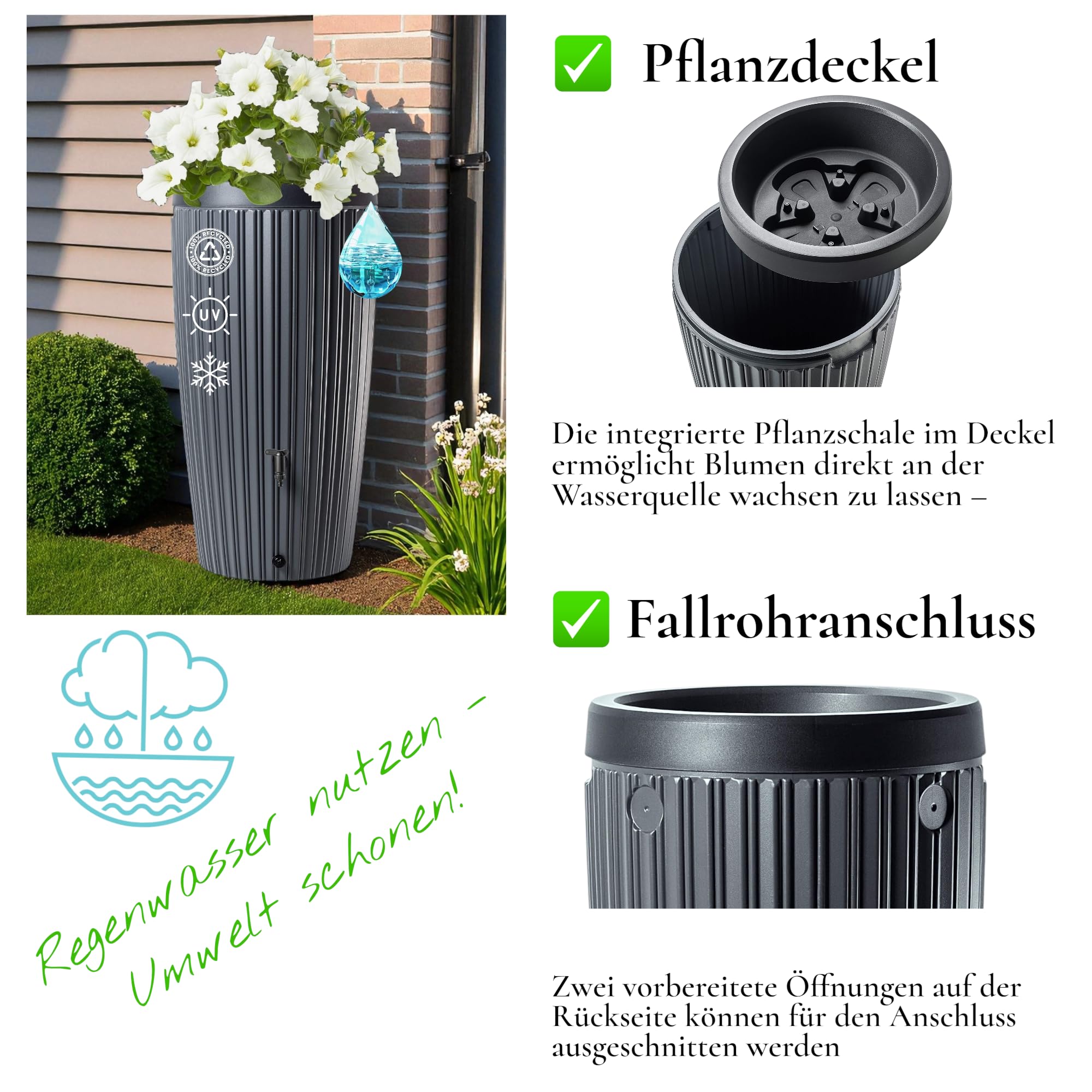 Regentonne 240L mit Deckel & Auslaufhahn – Design Regenwassertonne, Wasserfass für Garten & Terrasse – Farbe Anthrazit – UV-beständig & frostfest (Anthrazit)