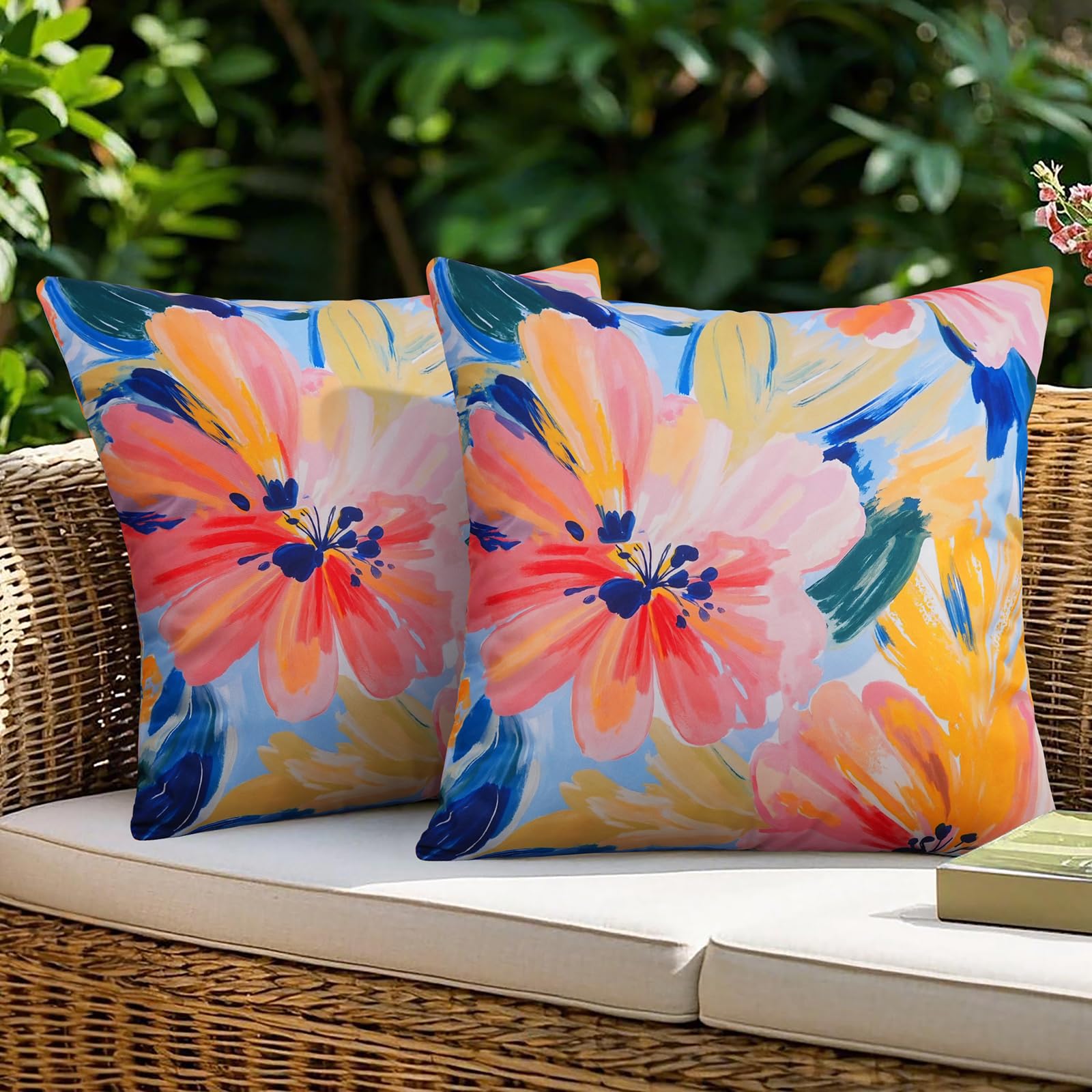 JASEN Waterproof Outdoor Throw Pillow Covers, Colorful Floral Decorative 18x18 Inch for Patio Furniture, Garden & Beach - Pack of 2