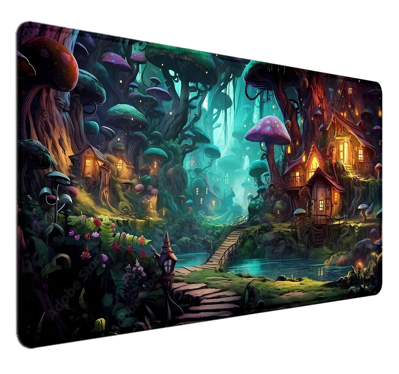HUOCAIREN Mushroom Anime Desk Mat(35.4x15.7 in), Fairy Forest Large Gaming Mouse Pad for Laptop Computer, Tabletop Magic Play Mats Full Desk Mouse Pad