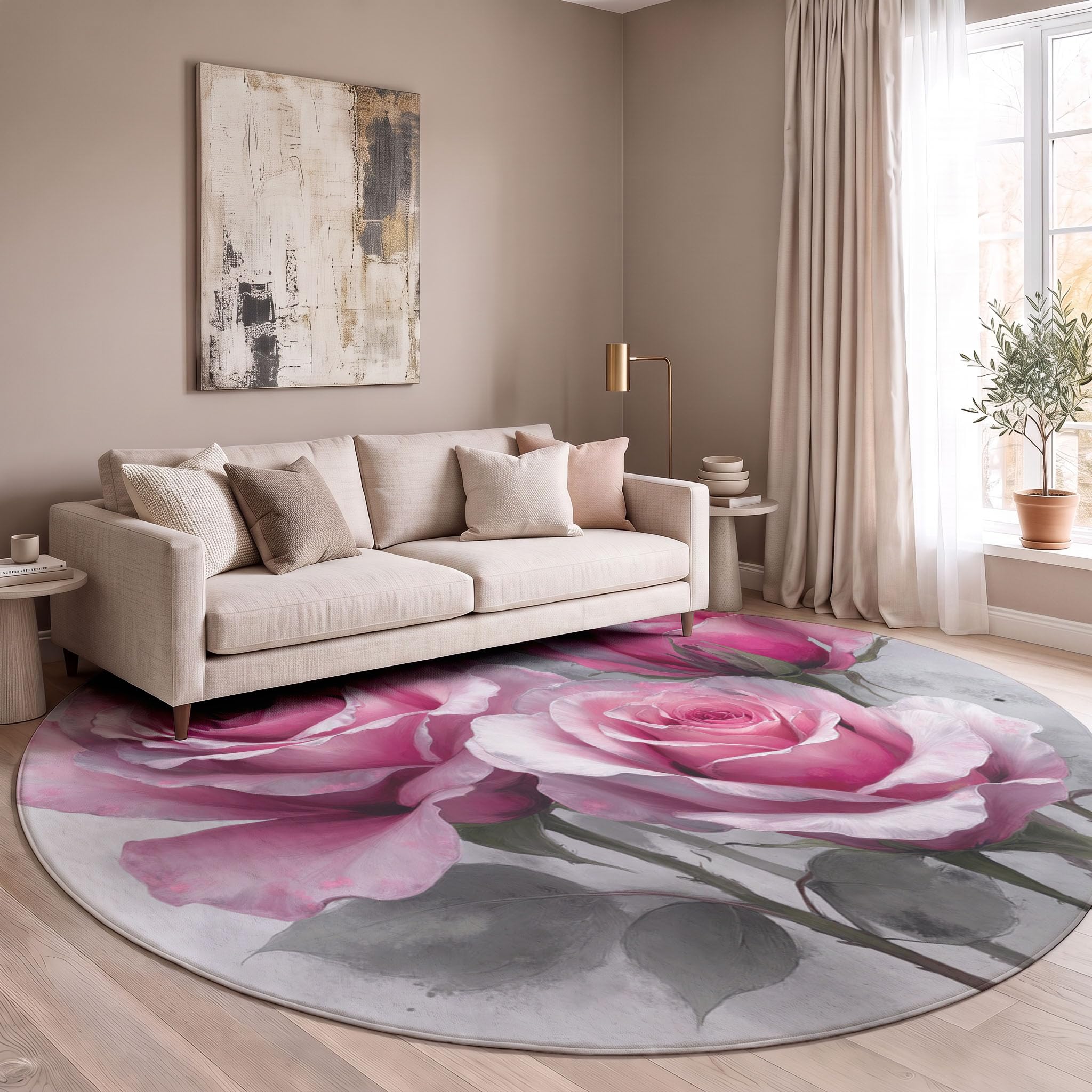 Tapis Rond Roses Roses Feuilles Vertes 180cm | Fleurs Aquarelles Vintage Rond Tapis Doux Résistant, Lavable Antidérapant pour Chambre à Coucher Salle à Manger