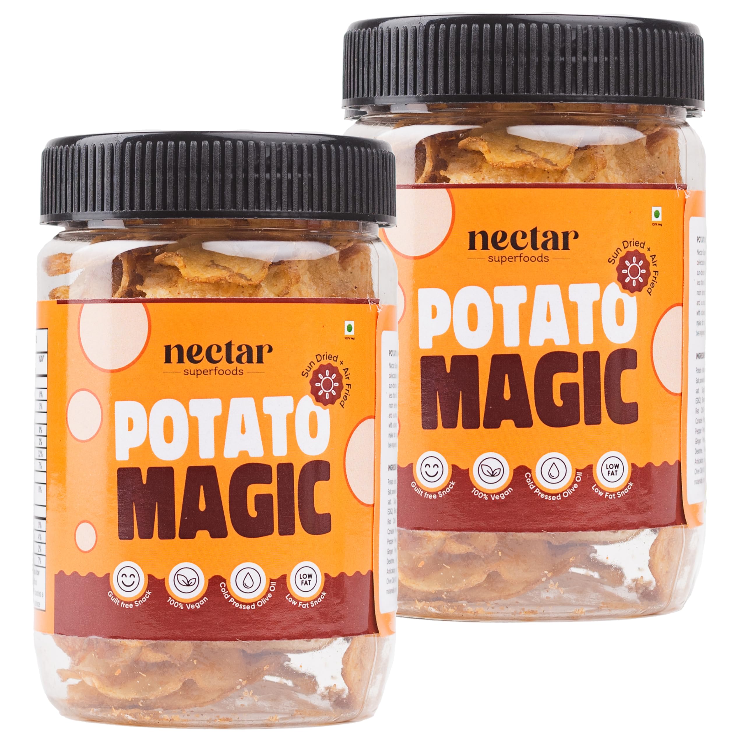 Nectar Superfoods POTATO MAGIC | Potato Chips | Sun Dried & Air Fried Snack | Healthy Vegetable Snacks | Gluten Free | Vegan Friendly | Low Fat Snack with High Dietary Fiber and Nutrients | Only 2-3 Drops of Olive Oil | Pack of 2 ( 40 gm each Jar)