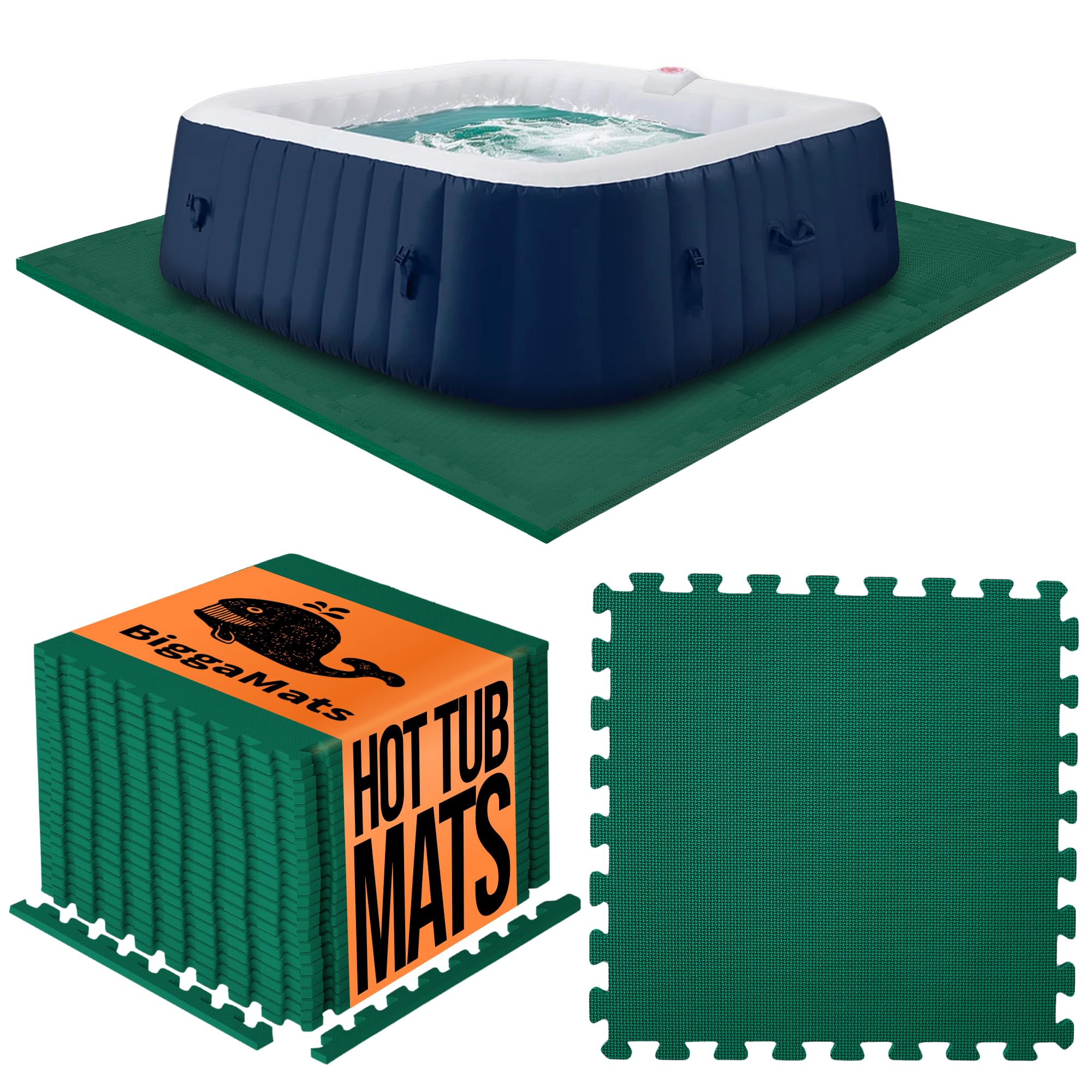 BIGGAMATS EVA Foam Hot Tub Mat | Dark Green Non-Slip Interlocking Pool Mats | 50 x 1.4 cm Waterproof Outdoor Mats for Hot Tub, Spa & Paddling Pool | Pack of 12