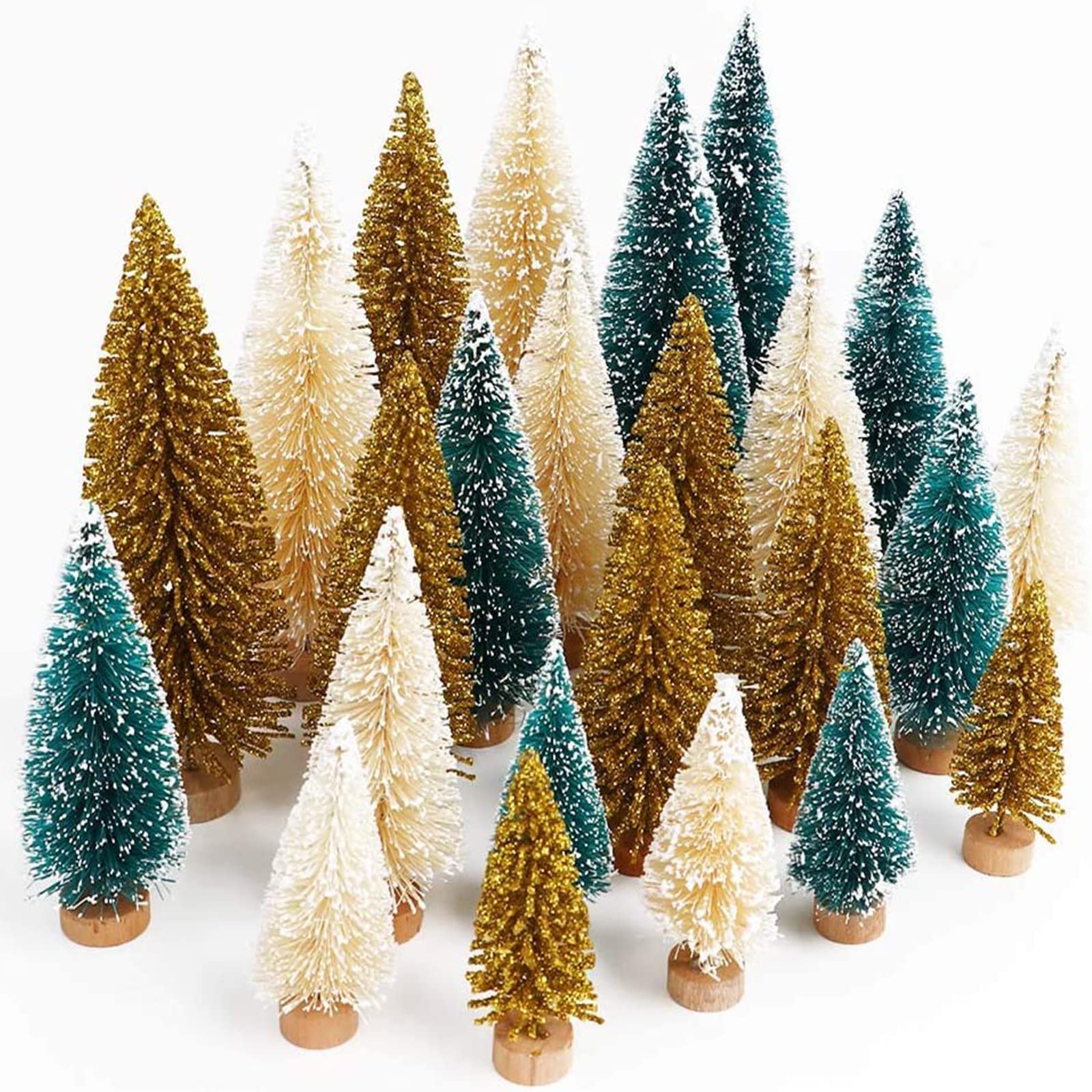 24Pcs Miniature Christmas Tree, 3 Color Mini Artificial Snow Frost Trees Green Sisal Trees, Plastic Winter Ornaments Tabletop Model Trees for Christmas DIY Craft Party Decoration (4 Size)