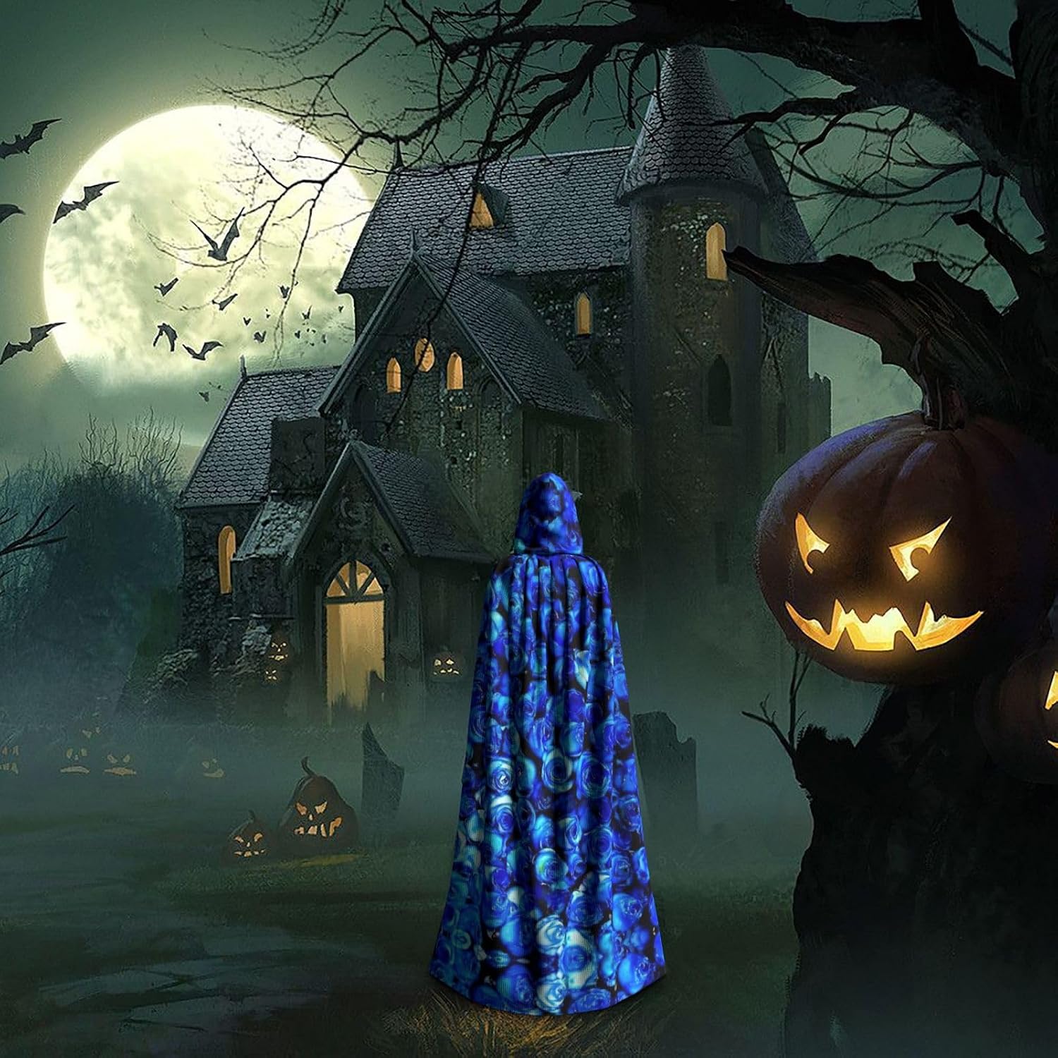 SSIMOO Blue Rose Enchanting Adult Hooded Cape for Halloween and Party Costumes-Fashionable Women's Robes,Capes