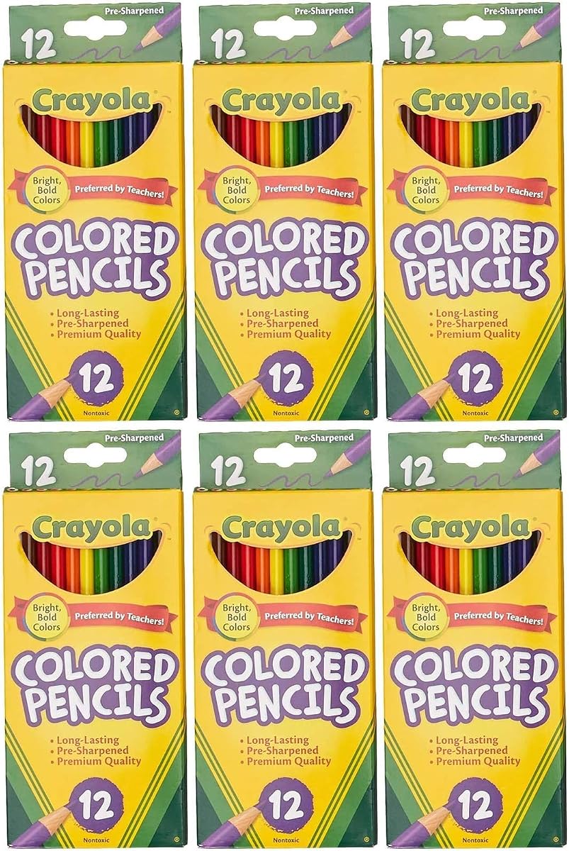 Crayola Lápices con estuche de madera de colores de barril largo, colores surtidos (68-4012), 12 lápices por paquete, paquete de 6