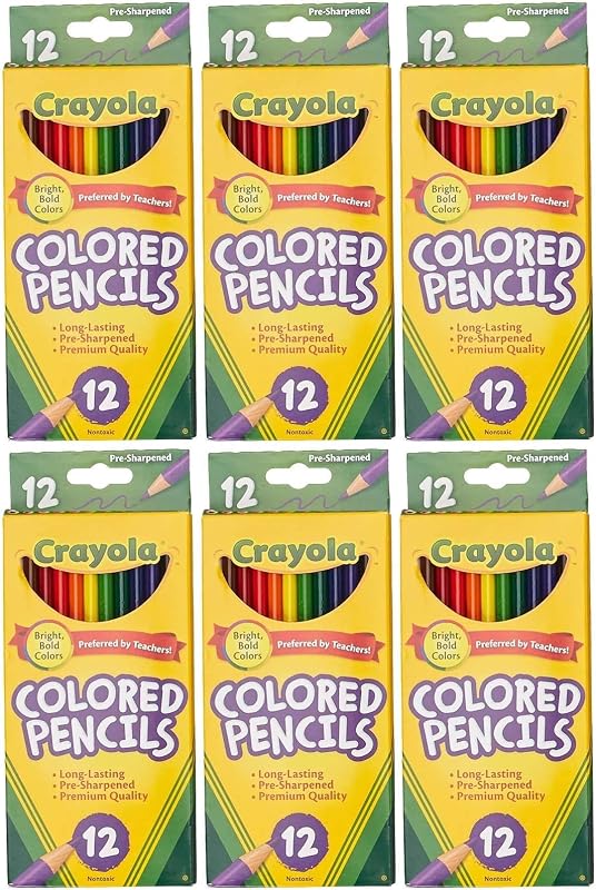 Crayola Lápices con estuche de madera de colores de barril largo, colores surtidos (68-4012), 12 lápices por paquete, paquete de 6