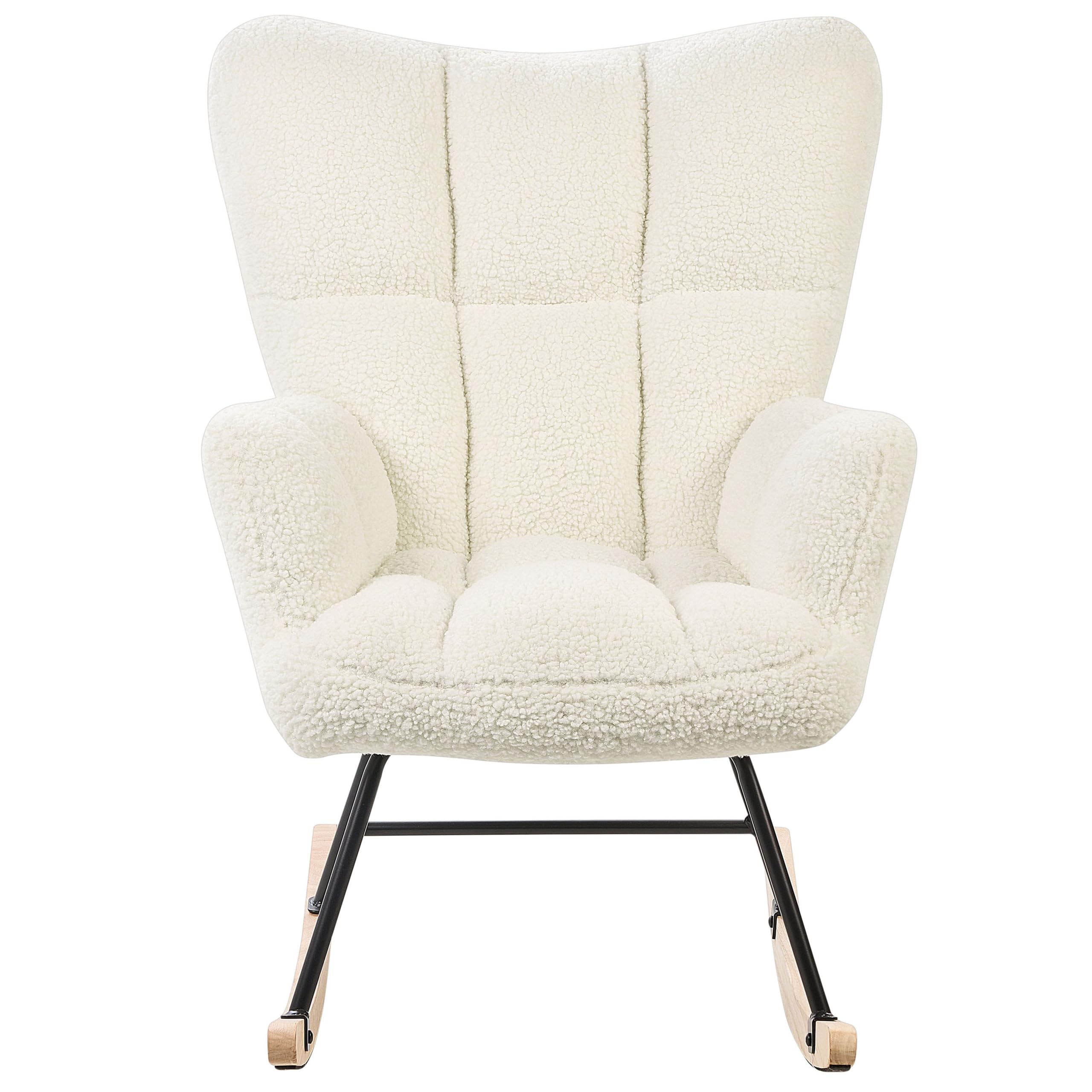 Fauteuil à Bascule Moderne en Tissu Boucle Blanc et Pieds en Bois Oulu