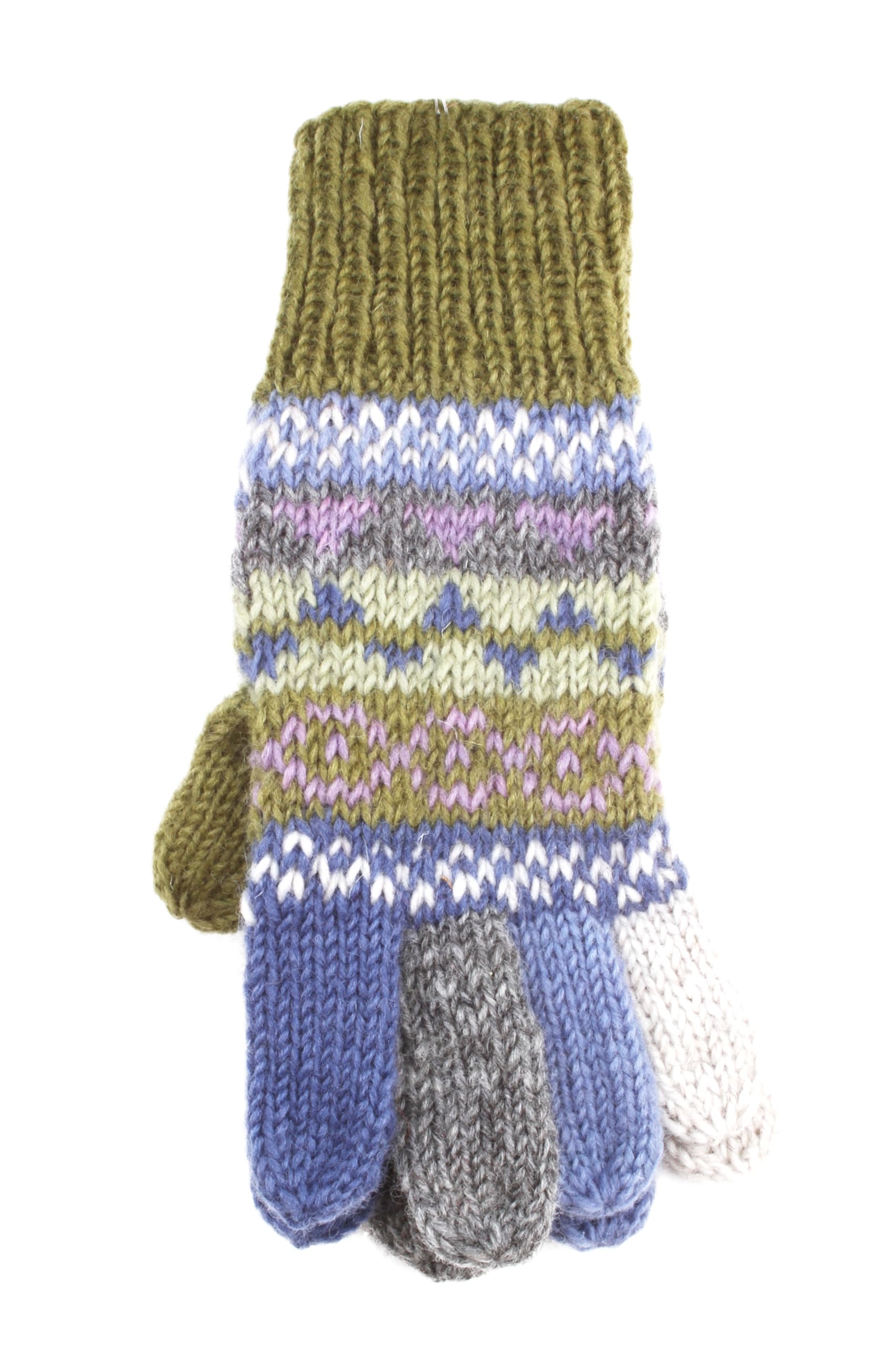 Pachamama Women's Olive Wool Gloves Handknitted Fair Isle Colours One-Size Handmade Extra Warm Fair Trade (Wool, )