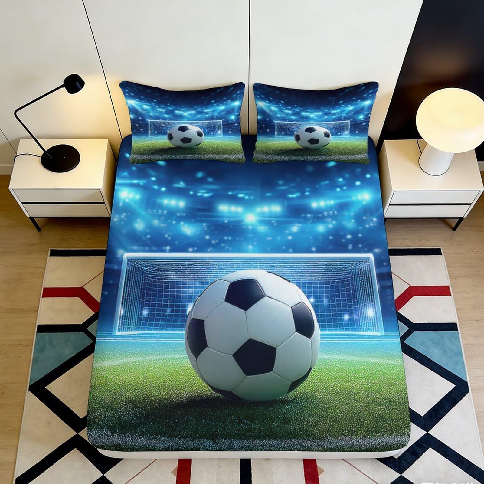 3D Printed Football Stadium Fitted Sheet Microfiber Soft Breathable Soccer Goal Mattress Cover for Bedroom Dorm Bed Decor 160x200x25cm
