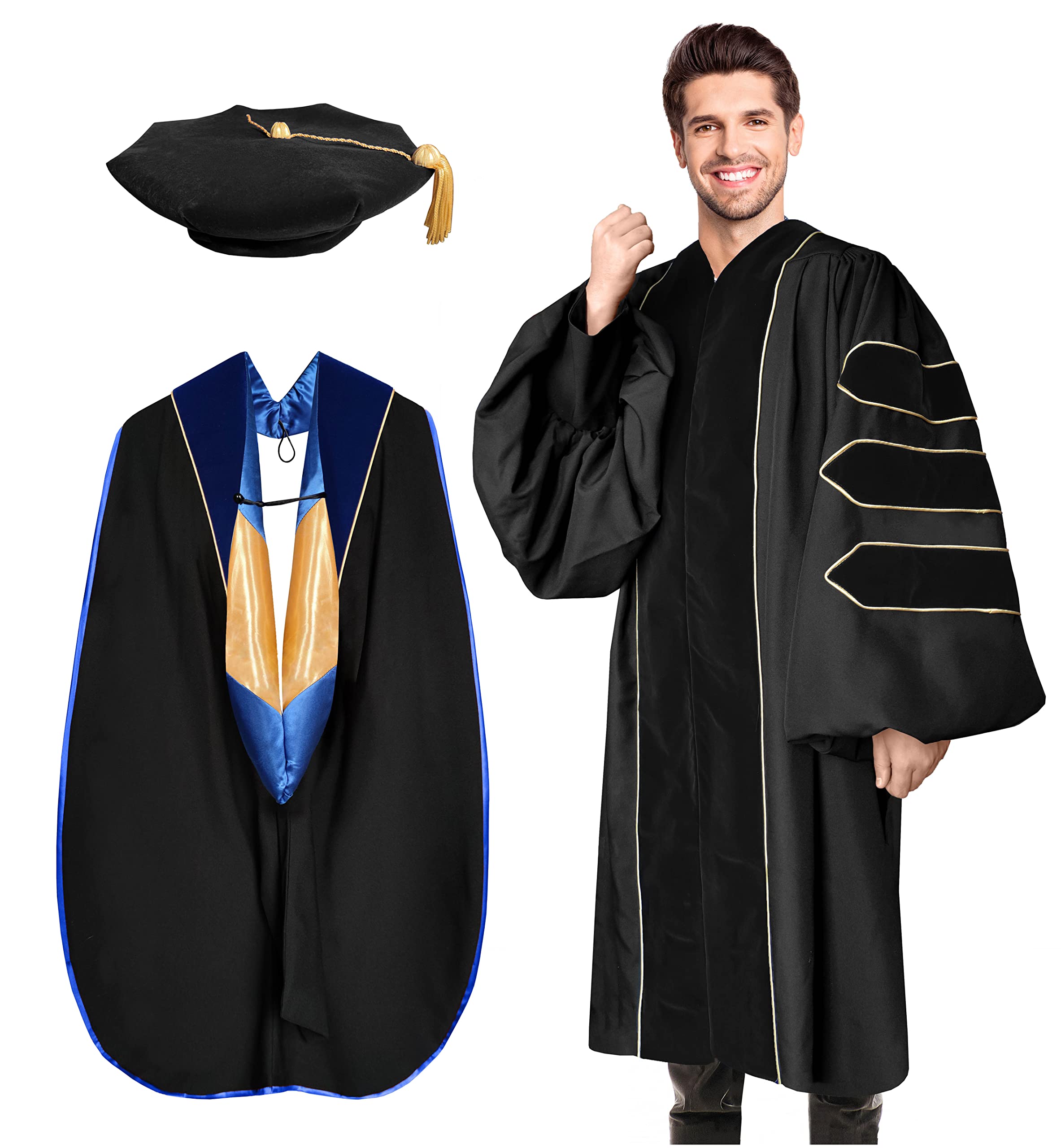 YIIOSSUnisex Deluxe Doctoral Graduation Gown with Tam 8-Sided Package and Hood for Doctoral Regalia