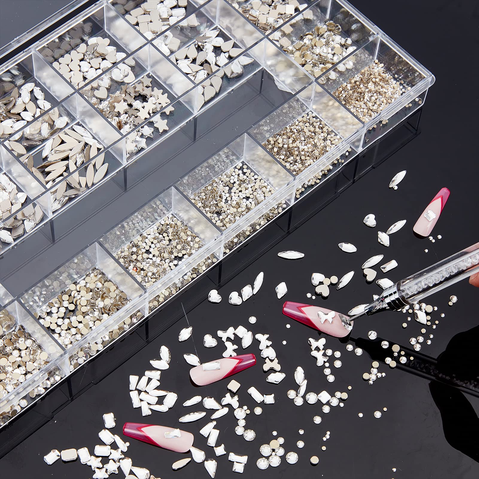 NICENEEDED Set di Strass Flatback A 20 stile con Scatola di Immagazzinaggio Diamantata, 3100 pezzo di Gemme per Unghie di Dimensioni Miste con Penna A Cera Professionale