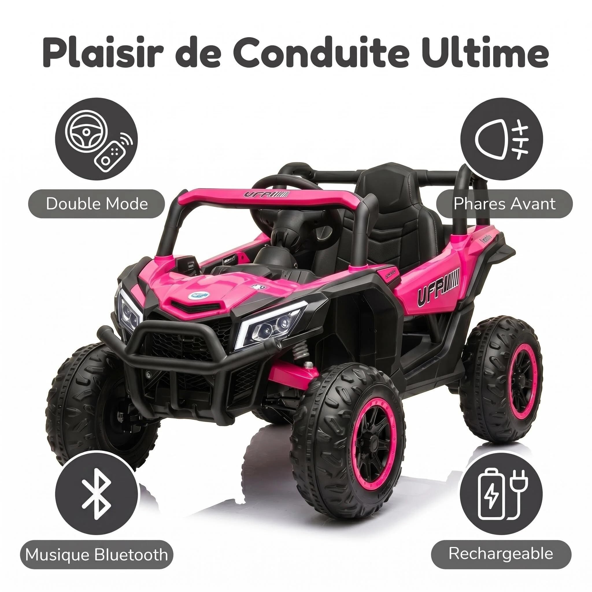 12V Voiture Électrique Télécommandée Enfant 3-6 Ans Véhicule 3 Vitesse Phares LED Quad Tout Terrain Effets Sonores Et Lumineux Jardin Gazon Goudron Grande Autonomie Rose Fuchsia