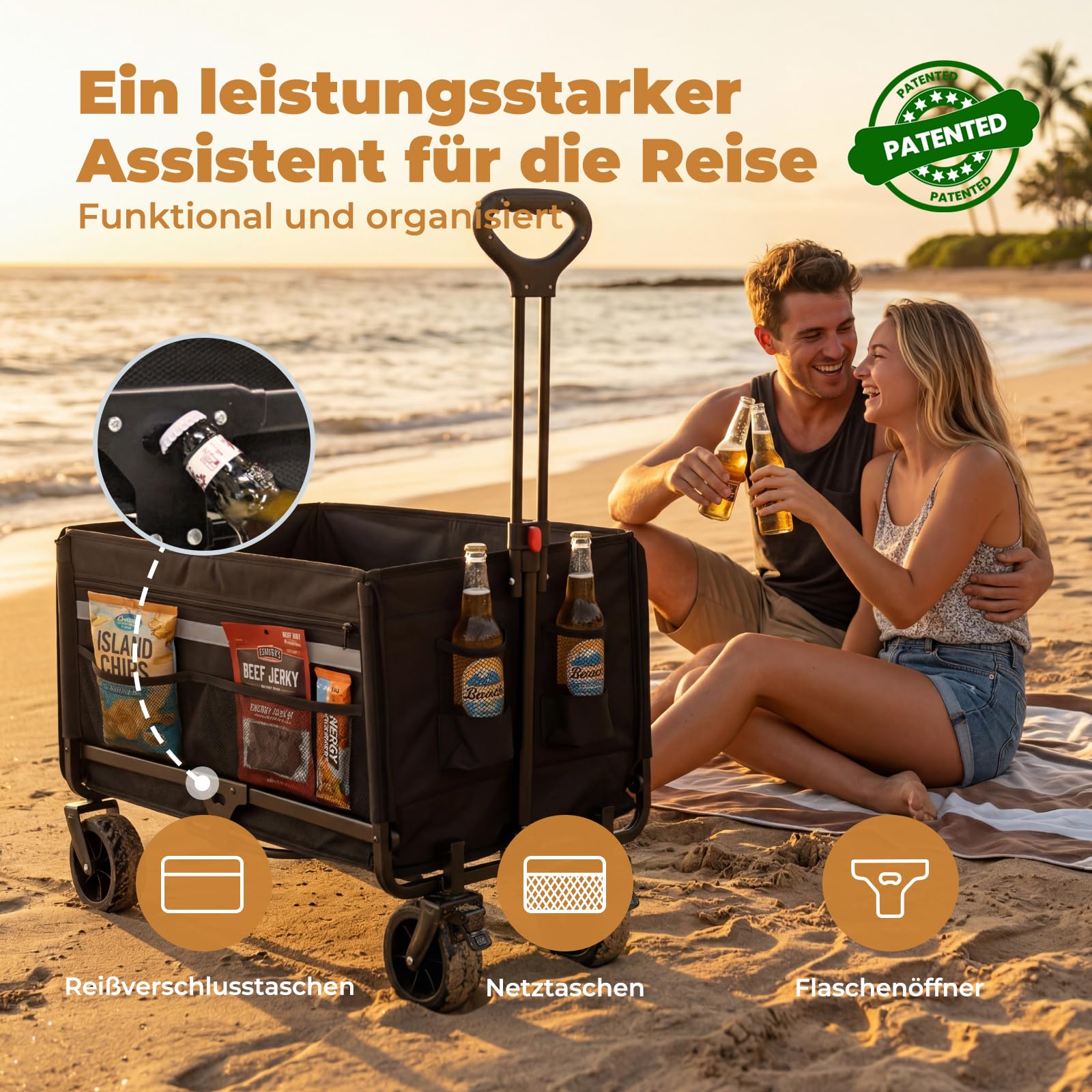 Bollerwagen Faltbar 120L+, Bis 150kg mit Heckklappe, Regenschutz, Bremsen | Reflektorstreifen, Strandwagen Klappbar, Faltbarer Bollerwagen Für Hunde, Einkaufen, Camping, Strand, Transport, Outdoor