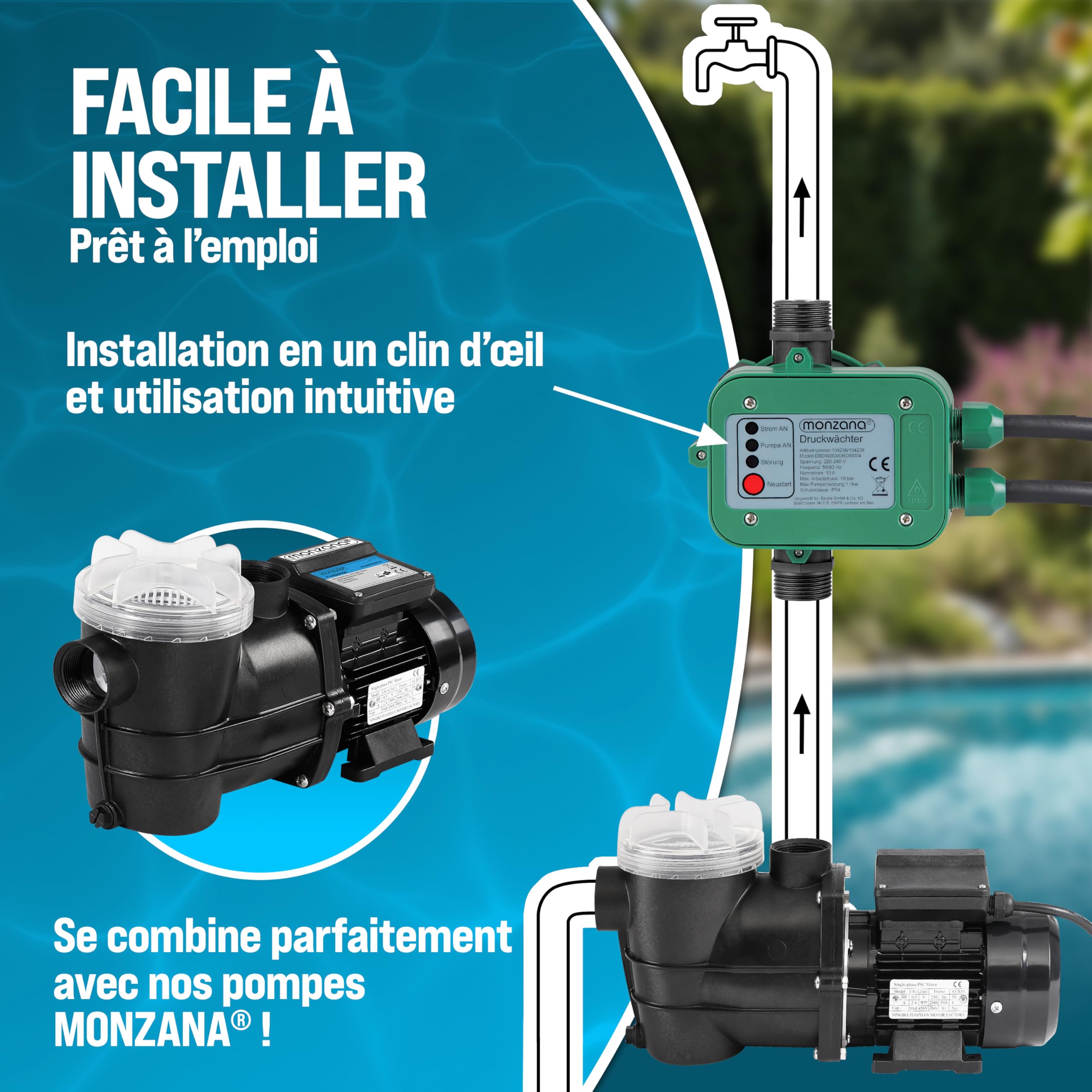 MONZANA Pressostat pompe eau 10 bar protection fonctionnement à sec contrôleur pression