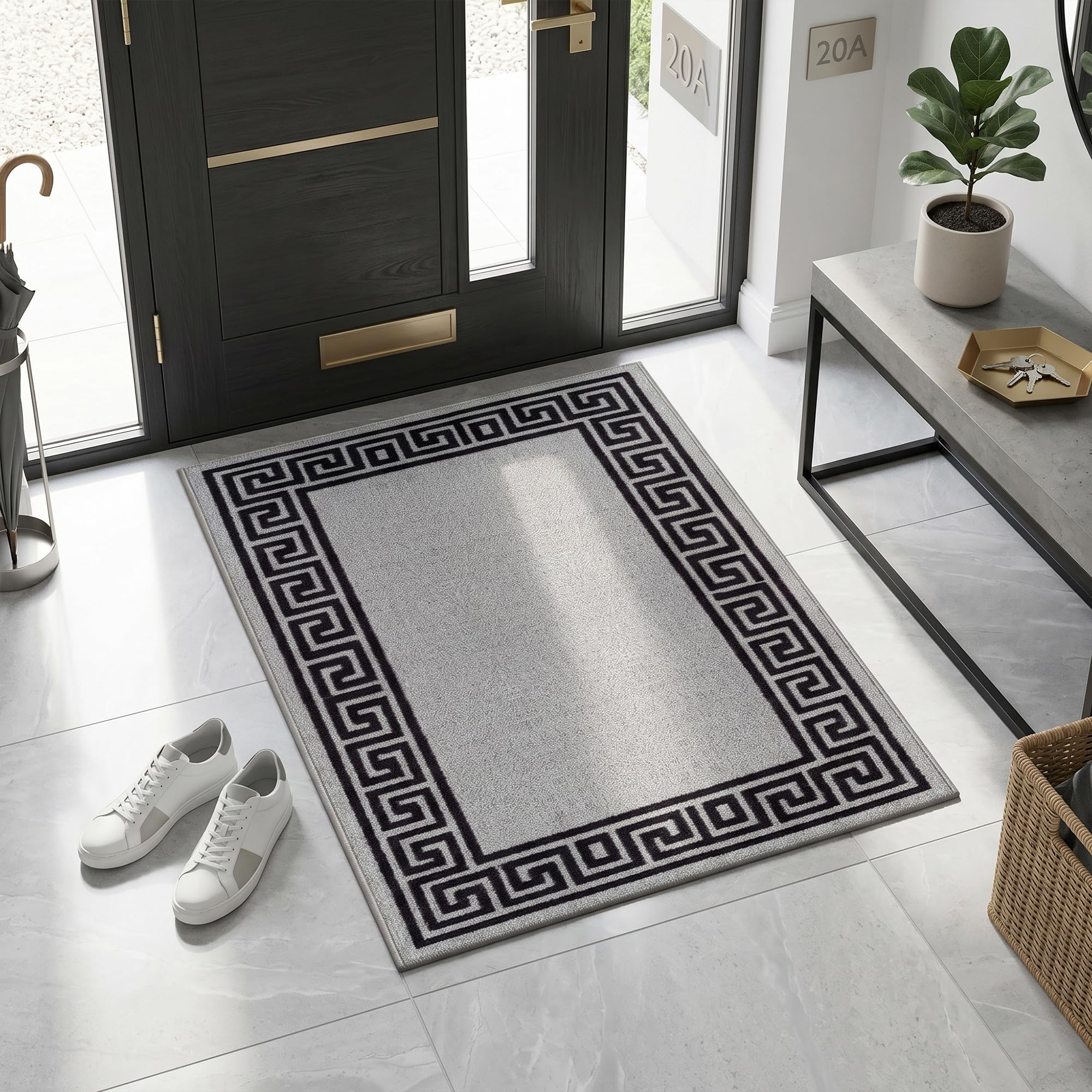 Fit Even Greeky Door Mat – Non-Slip Washable Doormat, Heavy Duty Welcome Dirt Trapper, Water Absorbent Floor Mat for Indoor/Outdoor Use, Front Entrance, and Kitchen (Silver & Black, 50x80 cm)